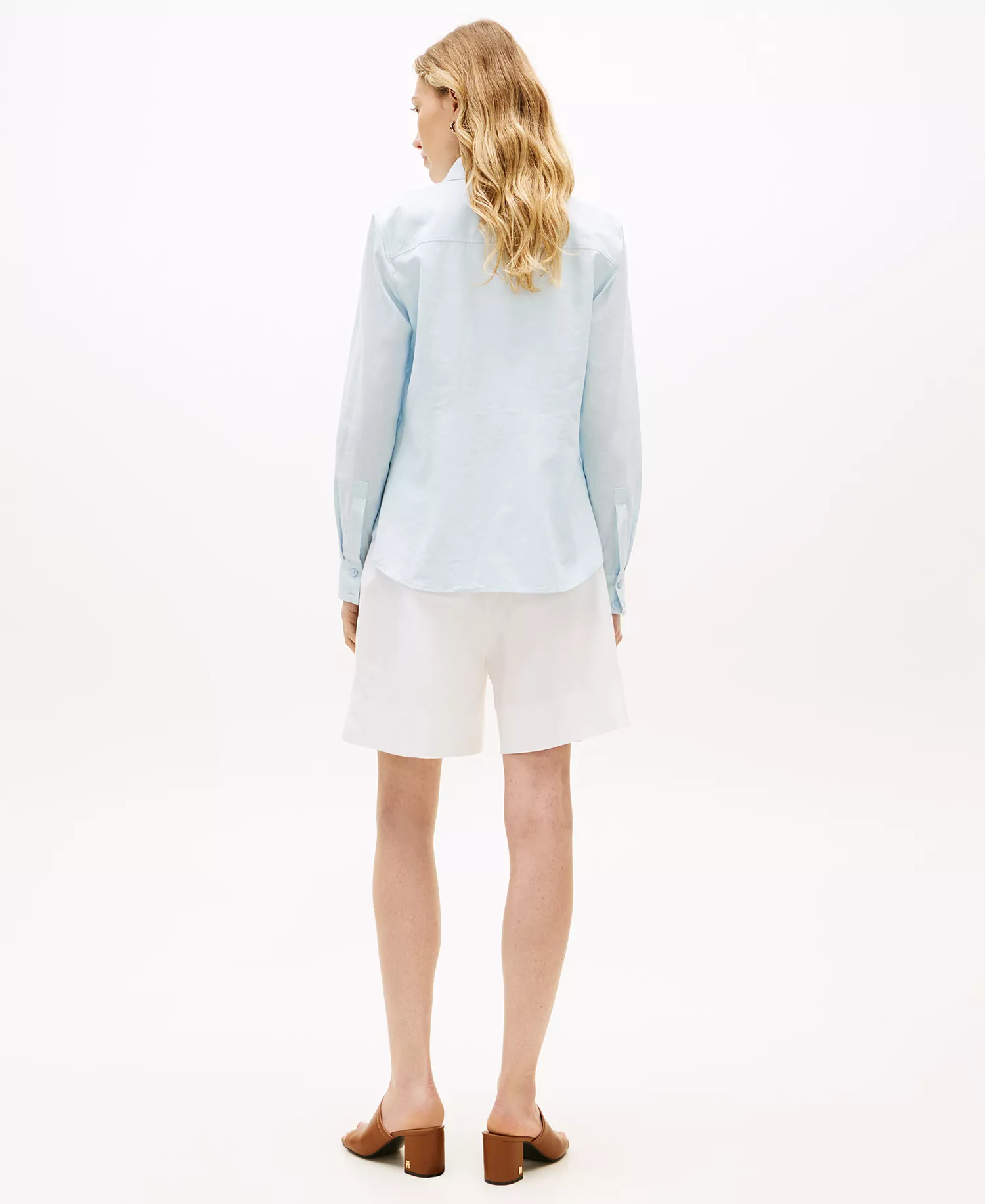 Women's Linen Roll-Tab Sleeve Collared Shirt - Breezy Blue - L