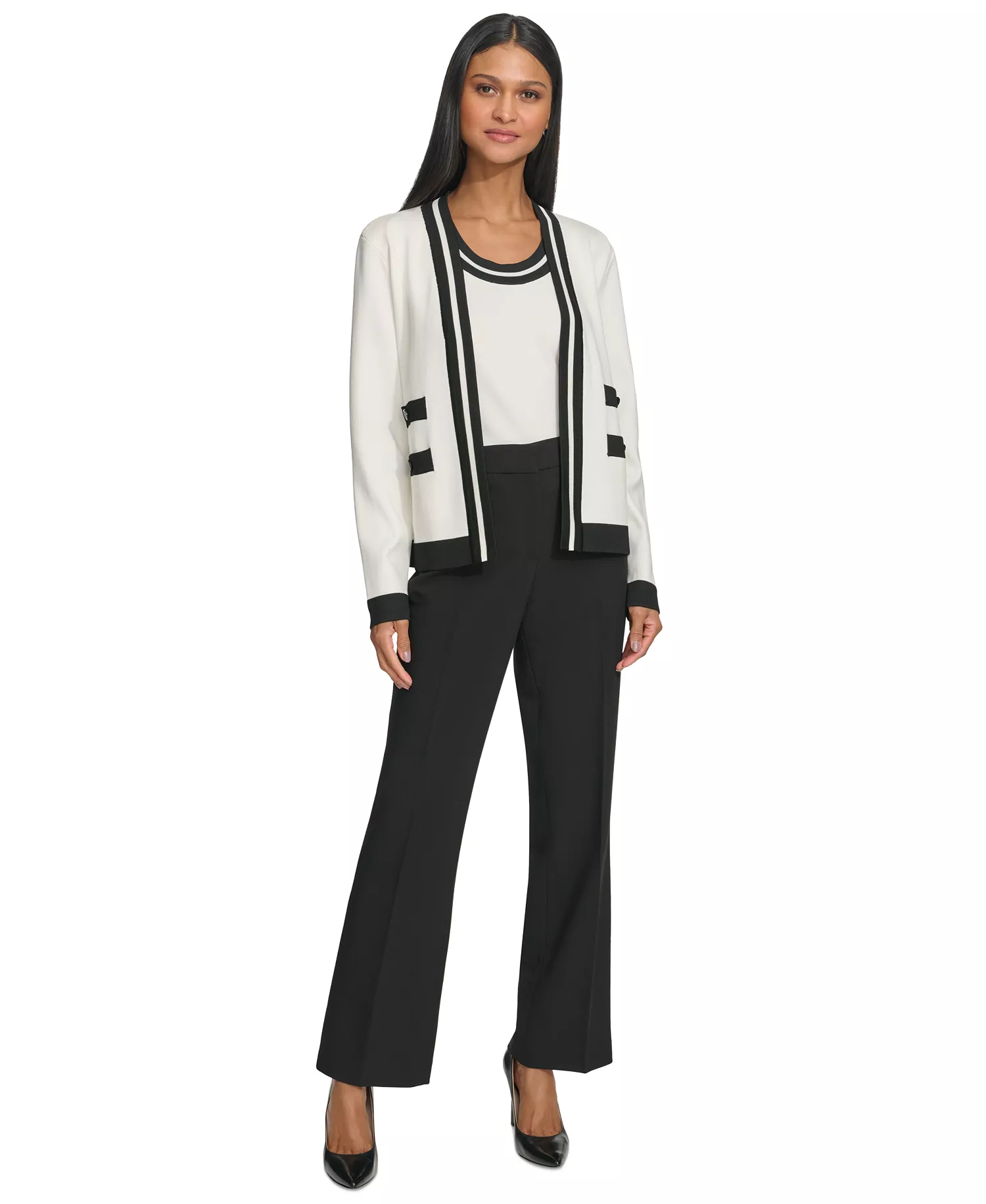 Women's Open-Front Long-Sleeve Knit Cardigan with Contrast Trim - Black/soft White - L