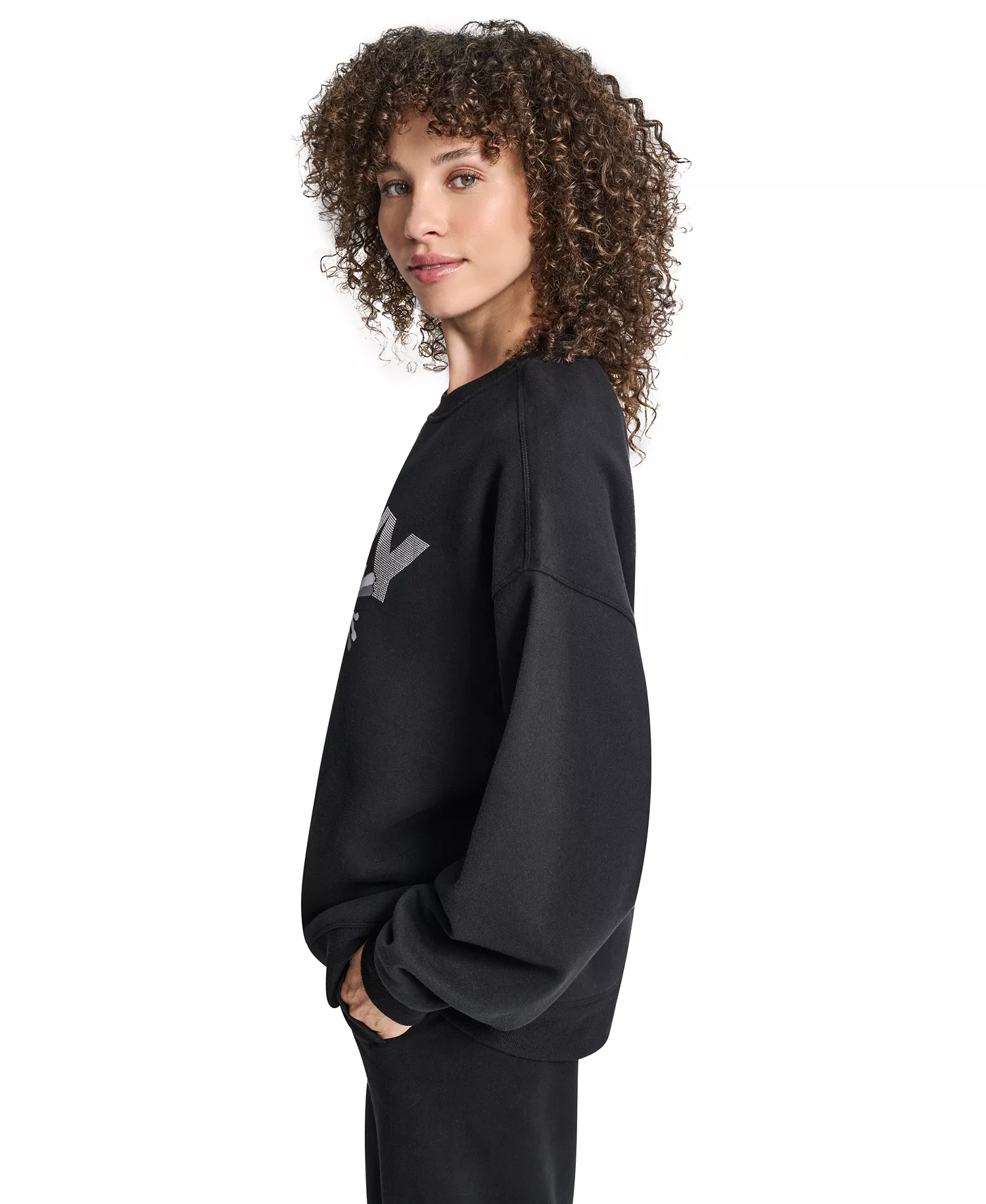 Women's Graffiti Rhinestone Logo Blouson-Sleeve Drop-Shoulder Sweatshirt - Black/grey Silver - L