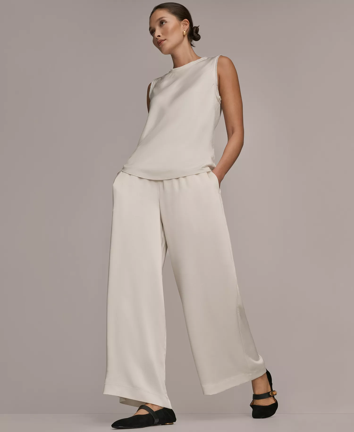 Women's Satin Sleeveless Fringe Trim Blouse - Cream - 10