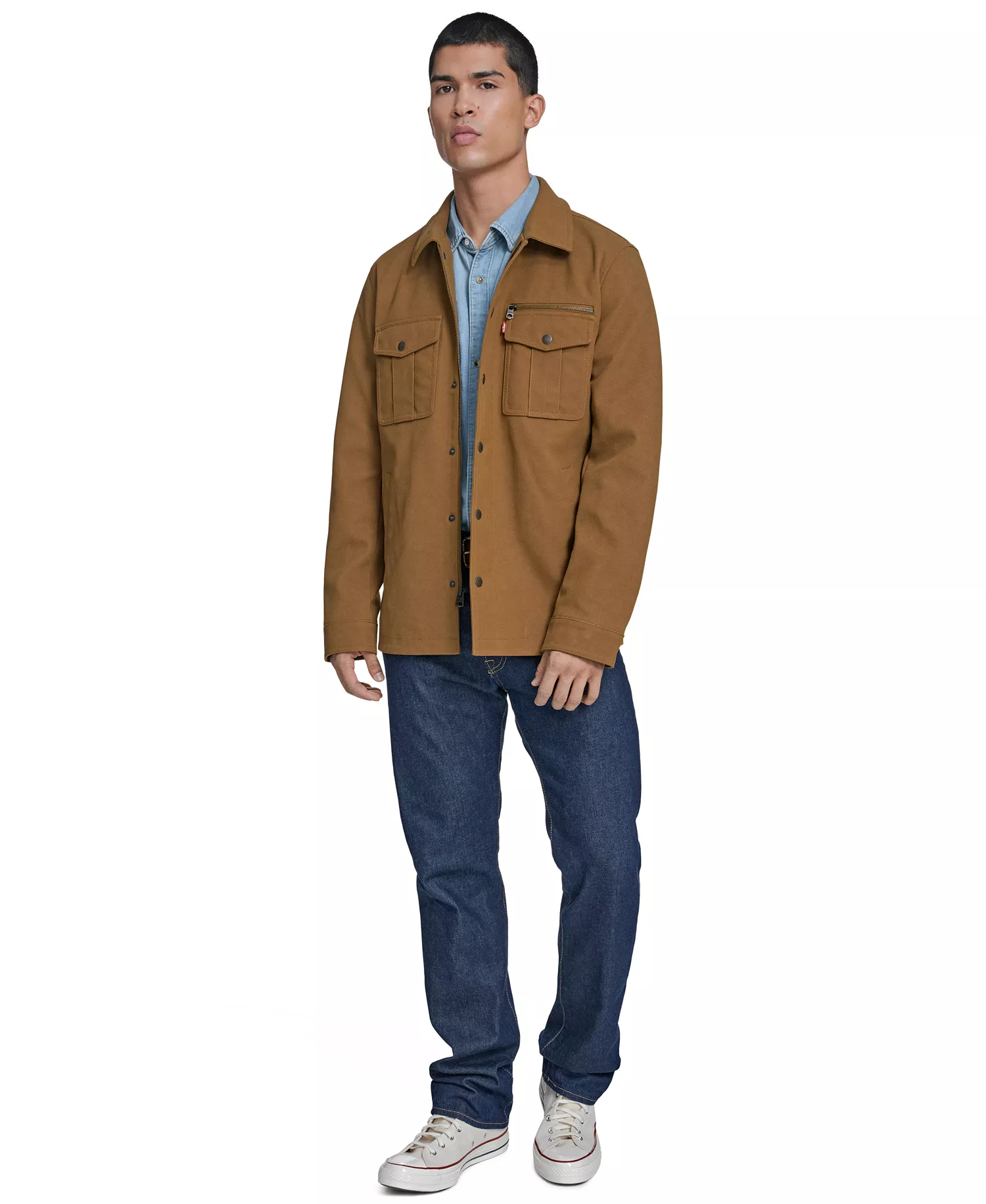 Men's Front Zipper Shirt Jacket - Toffee - 2XL