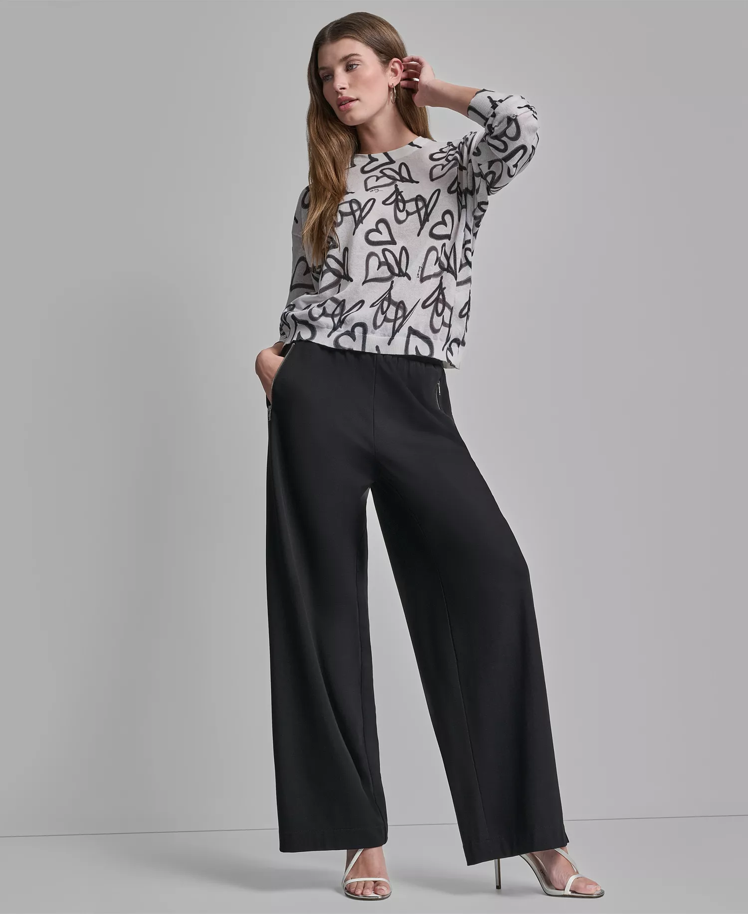 Women's Long-Sleeve Printed Crew Neck Sweater - Ivory/Black - L