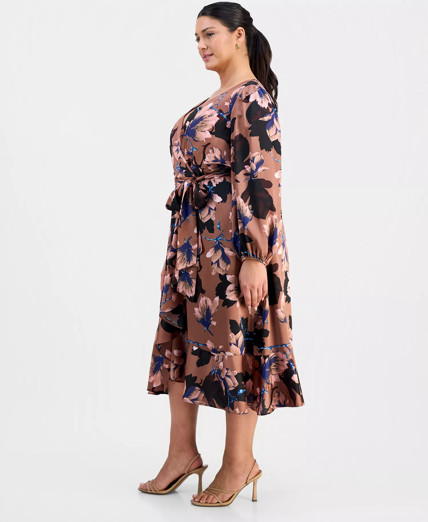Plus Size Floral Print Faux-Wrap Midi Dress - Mauve Floral - 14W