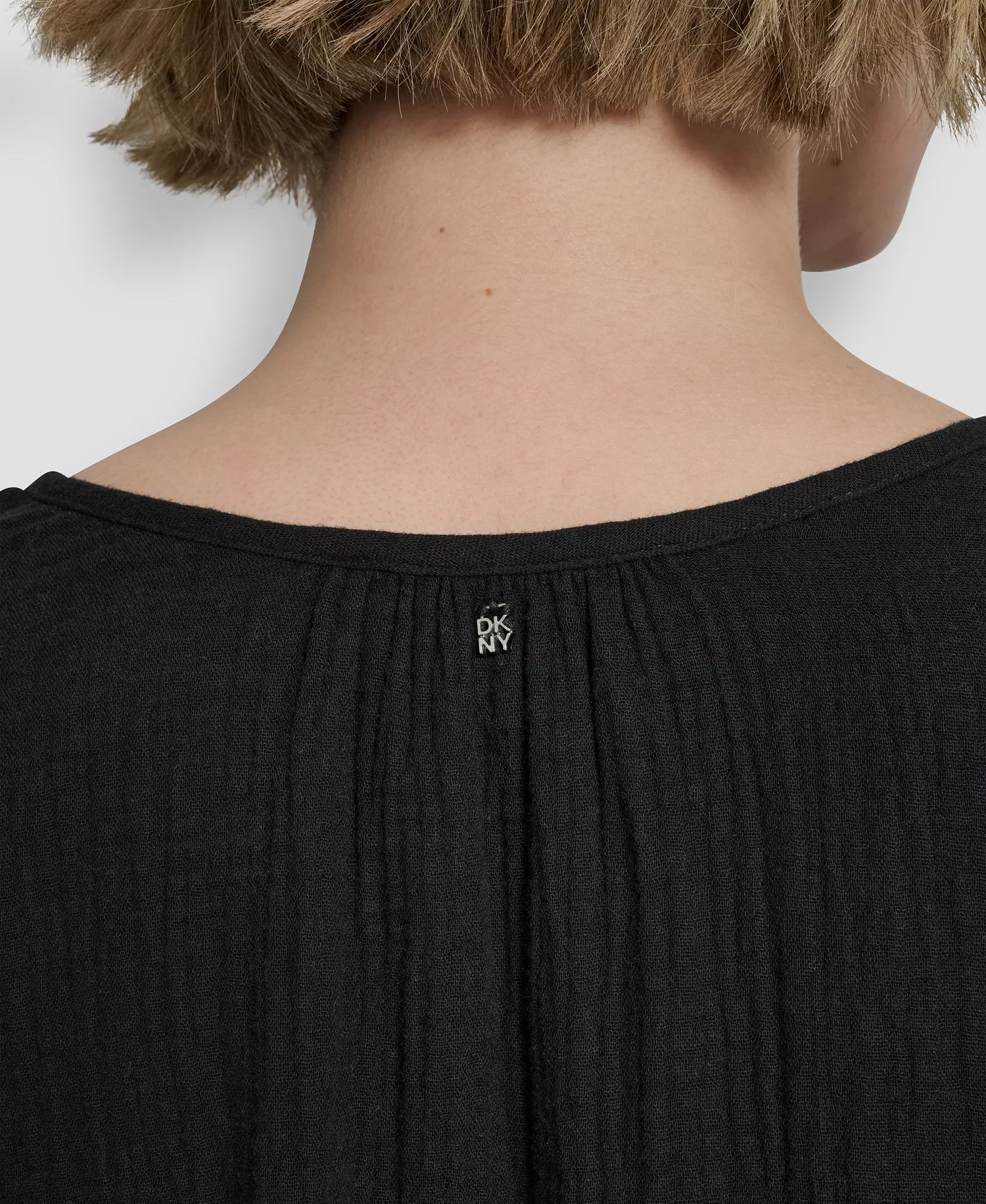 Women's Long-Sleeve Double Crepe Gauze Tie Neck Crop Top - Black - L