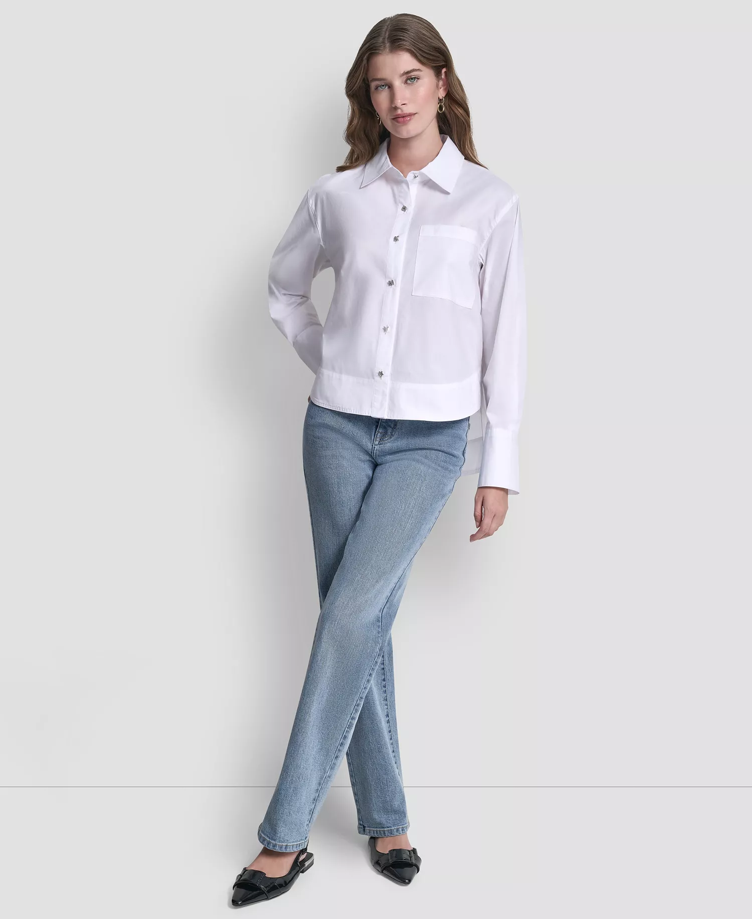 Women's Long-Sleeve Button Front Poplin Shirt - White - L