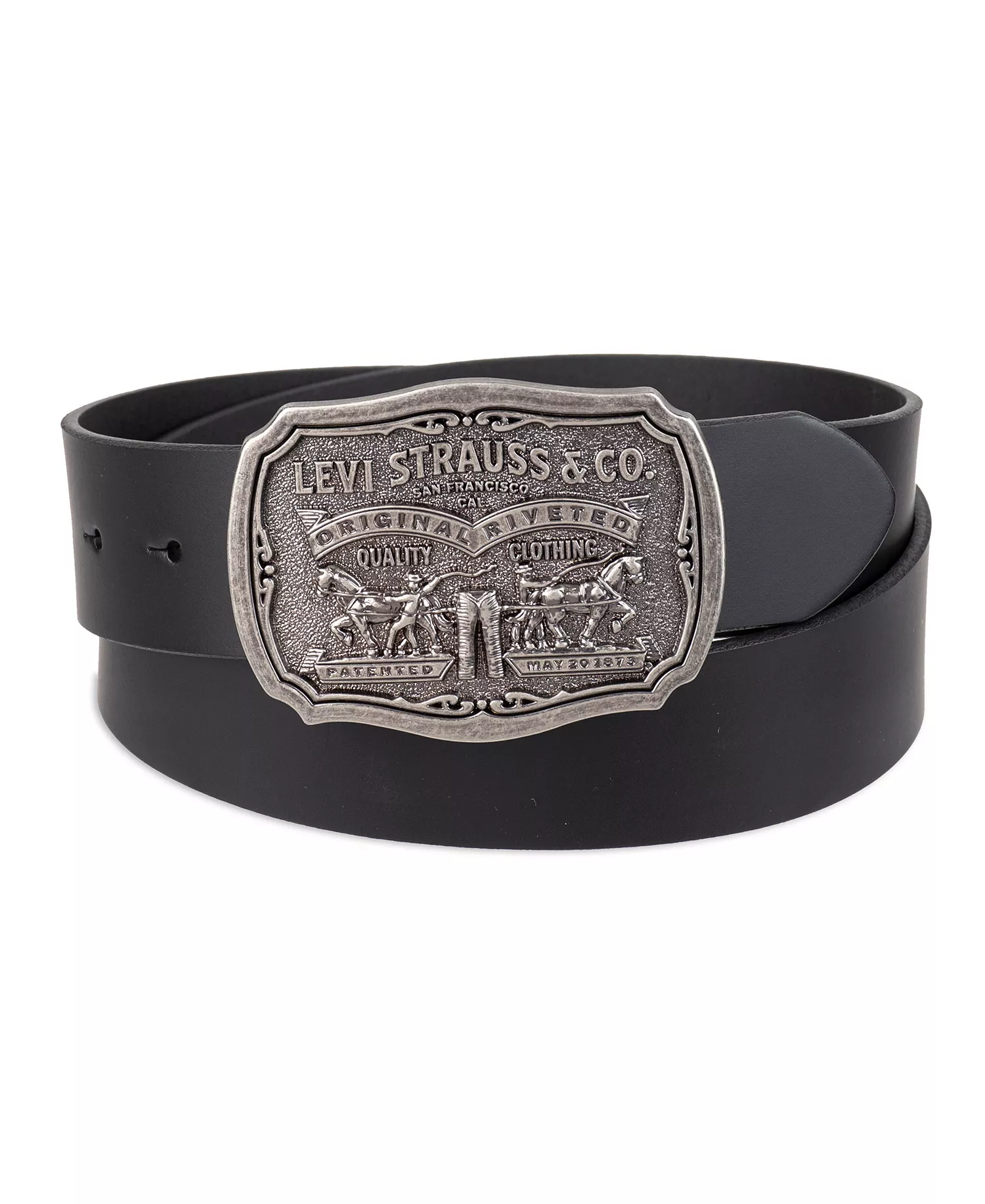 Men's Leather Belt with Plaque Buckle - Black - 30