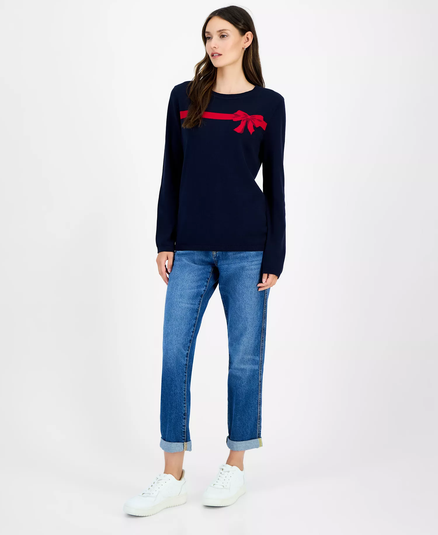 Nautica Women's Cotton Jacquard-Bow Sweater  - Night Sky Multi - L