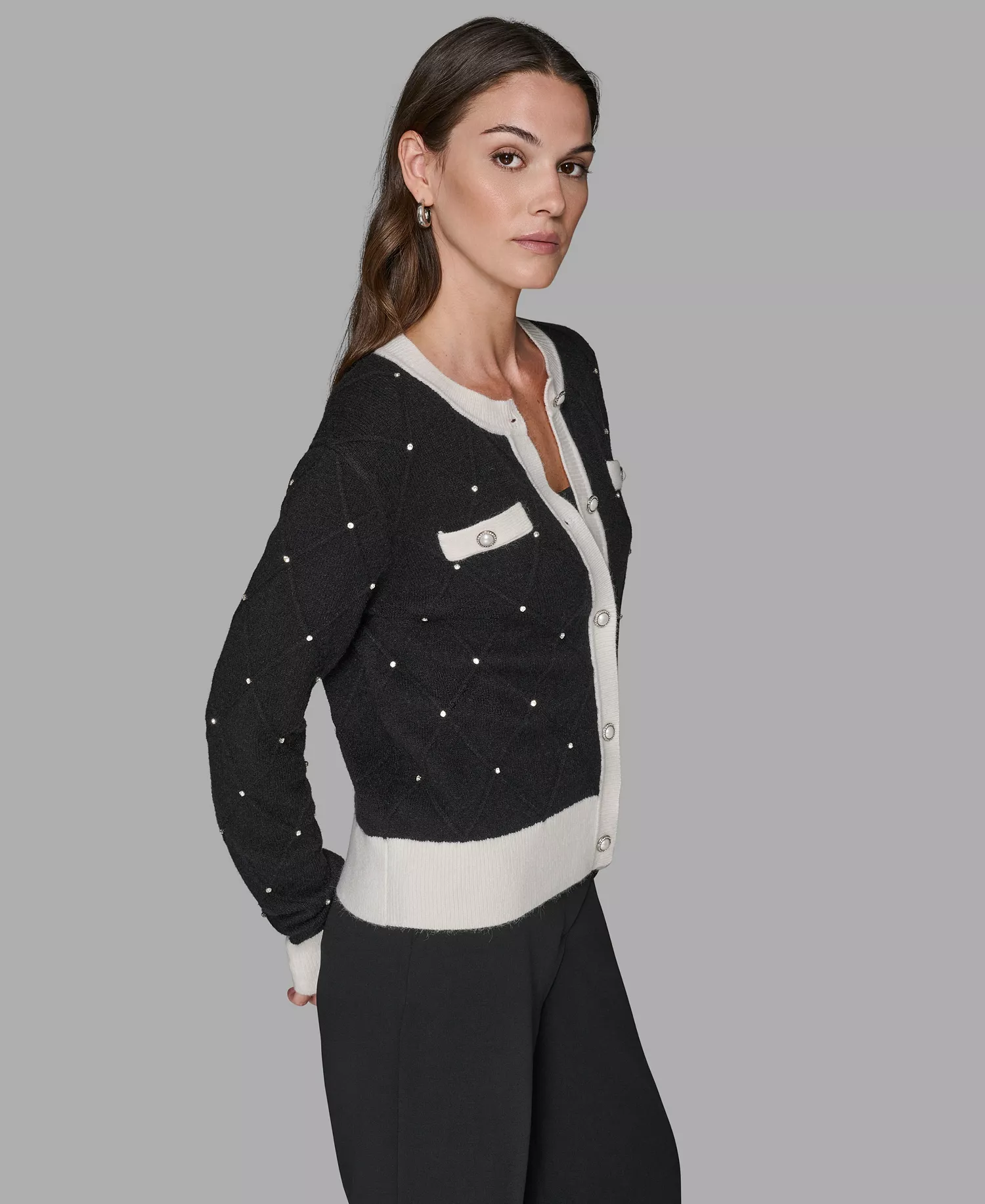 Women's Crew Neck Front-Button Cardigan Sweater - Black/Soft White - L