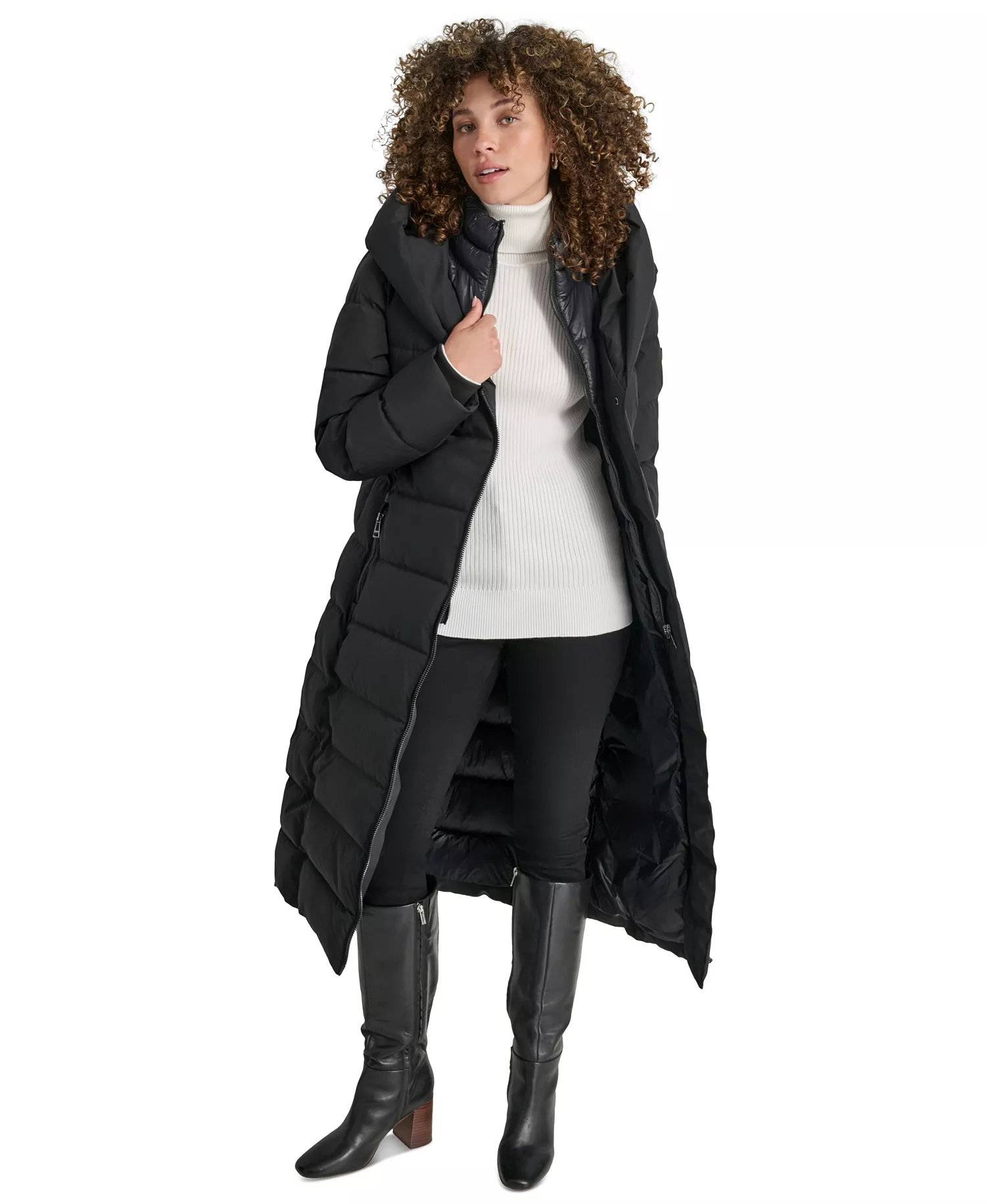 Women's Bibbed Shawl Collar Hooded Puffer Coat - Black - L