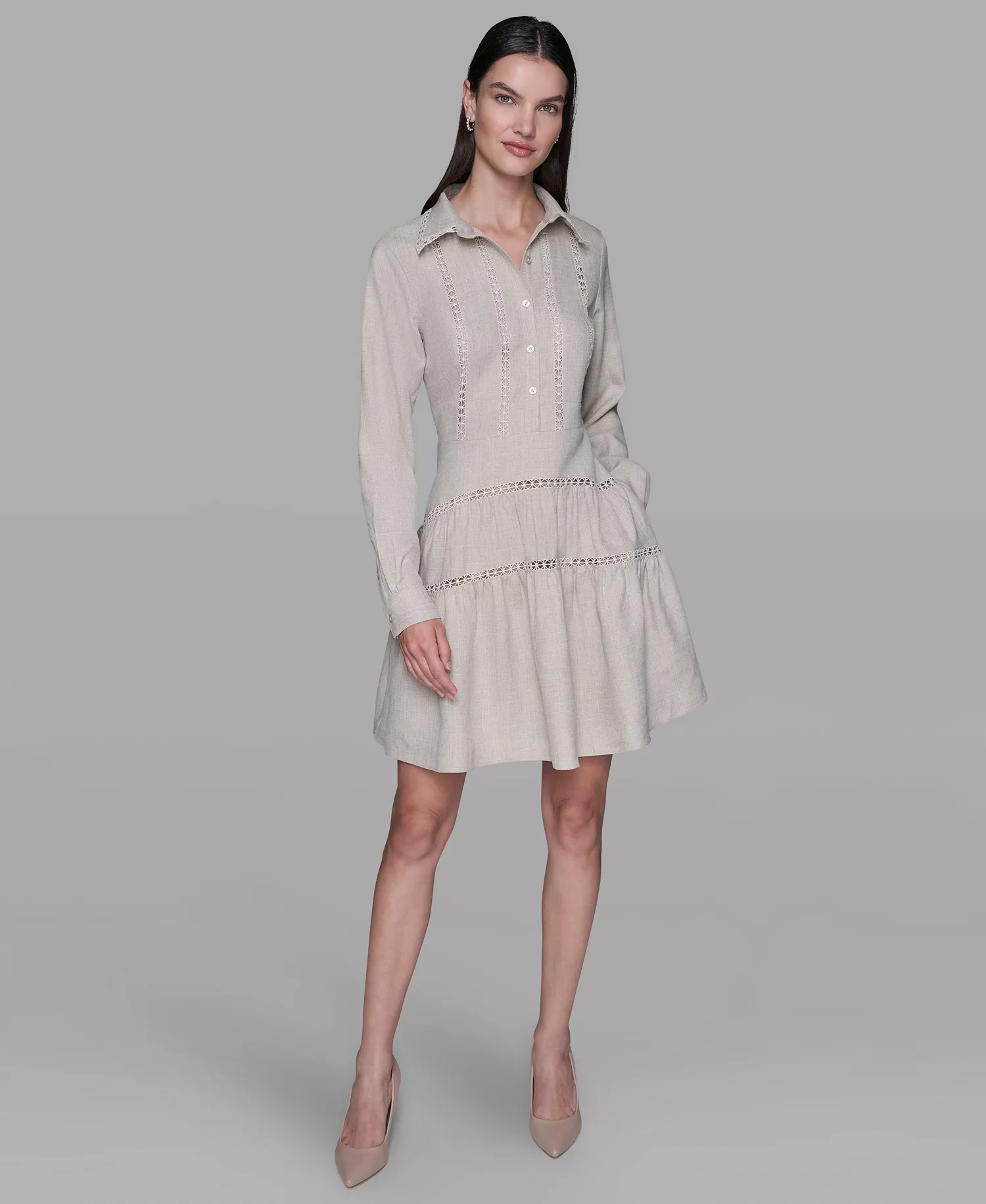 Women's A-Line Collared Short Dress - Beige - 14