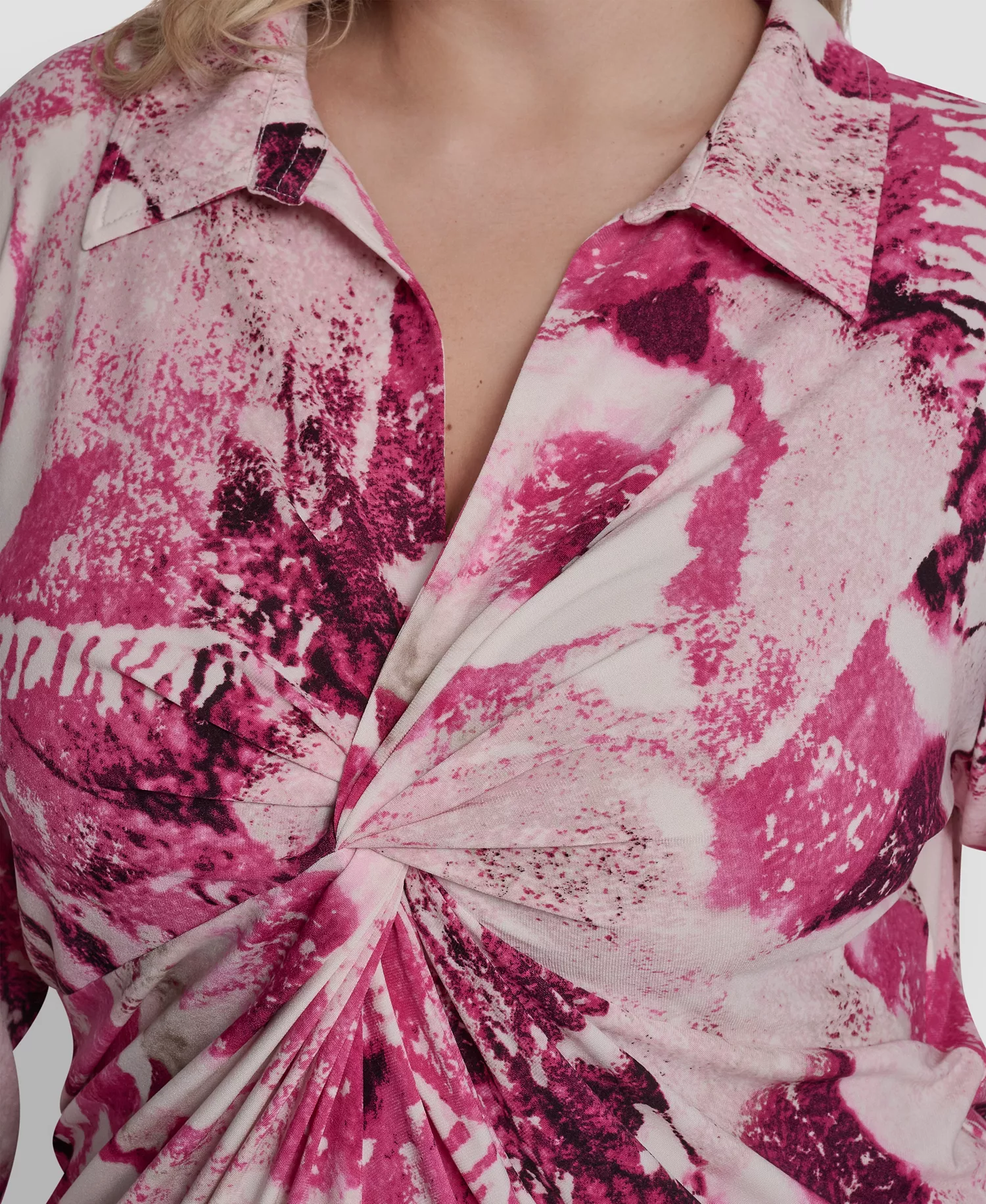 Plus Size Collared Long-Sleeve Top - Hot Pink/Pebble Multi - 1X