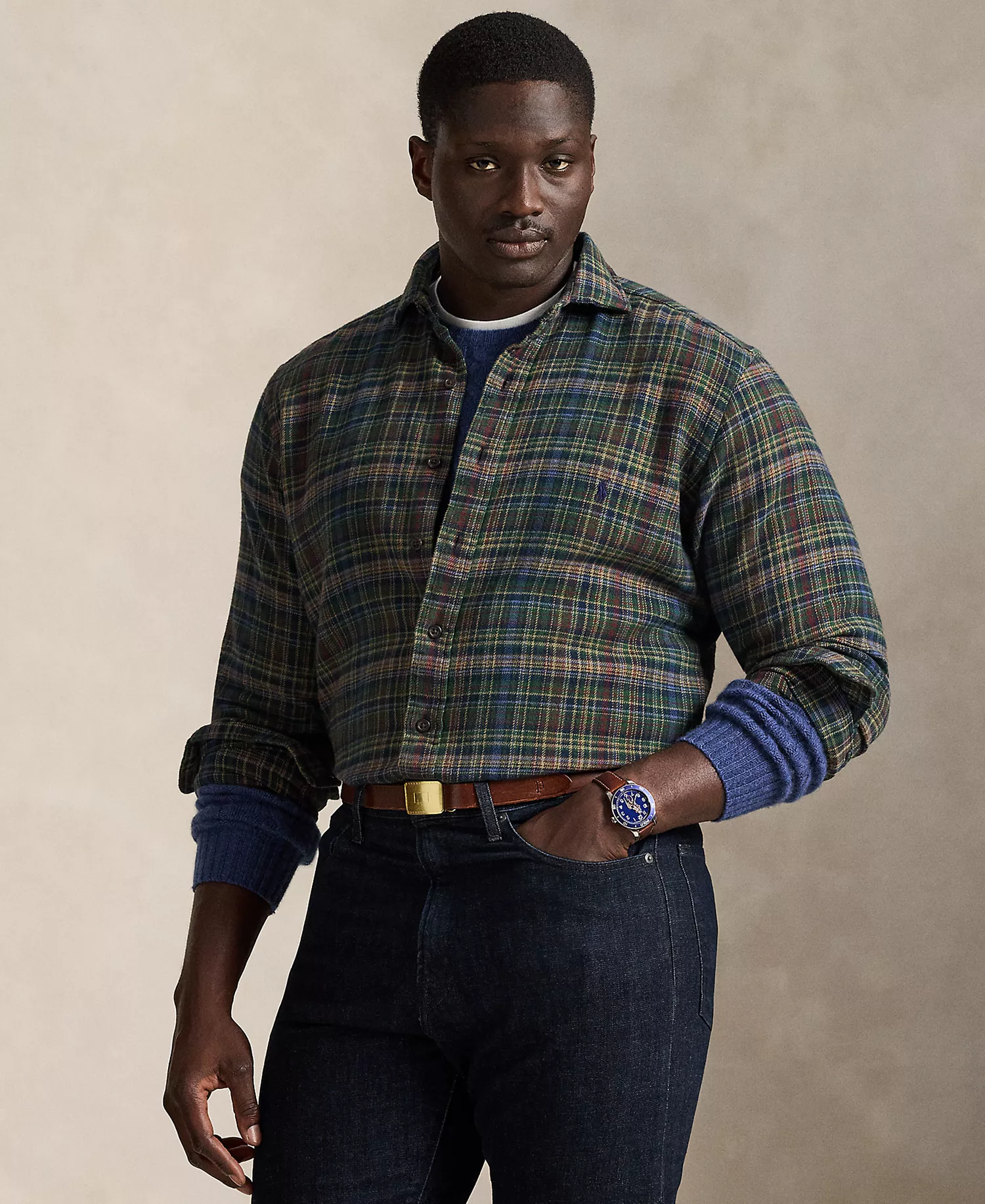 Men's Big & Tall Plaid Brushed Flannel Shirt - Pine Navy Multi - 2LT