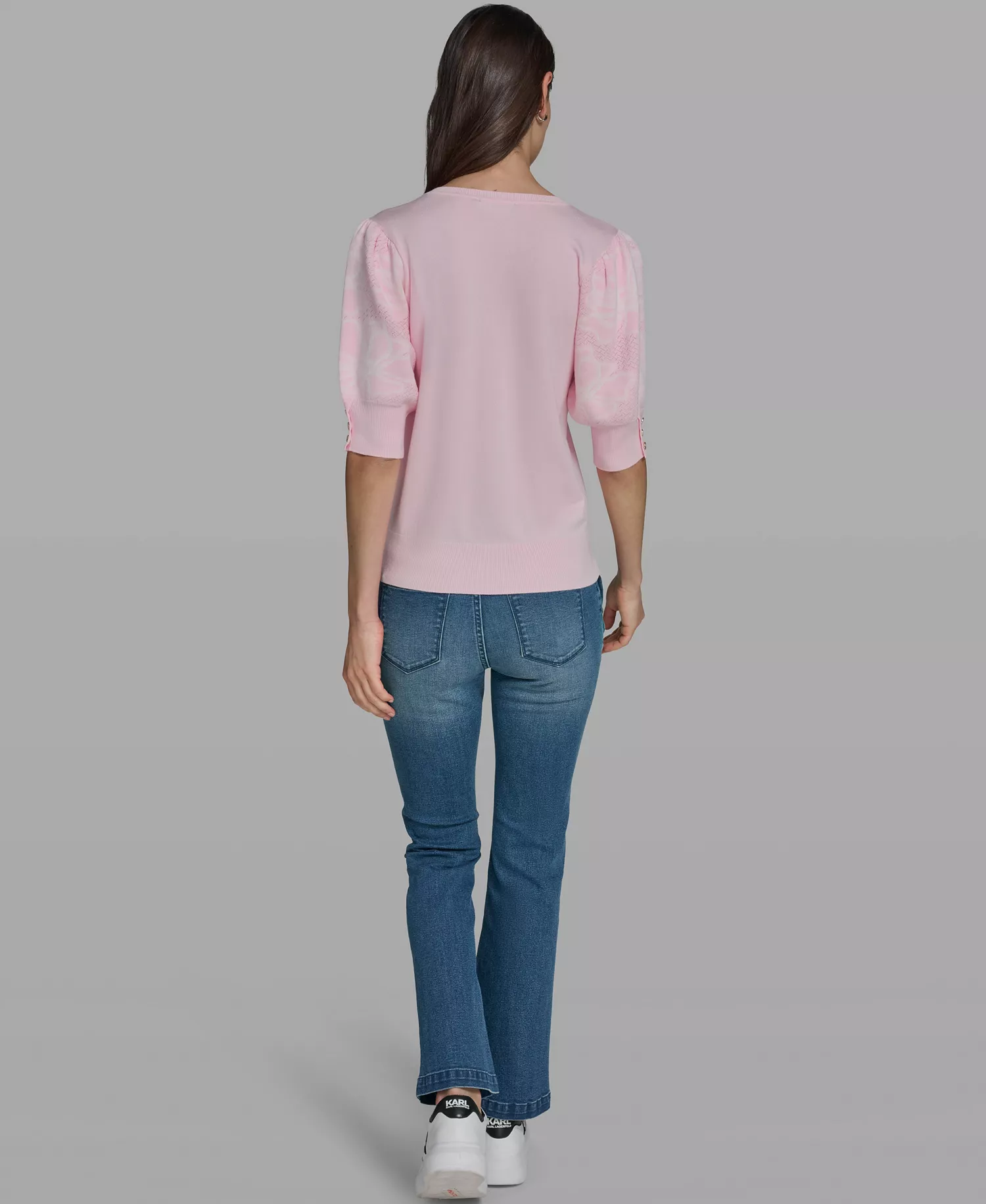 Women's V-Neck Floral Embroidered Short Sleeve Sweater - Ballet Slipper - L