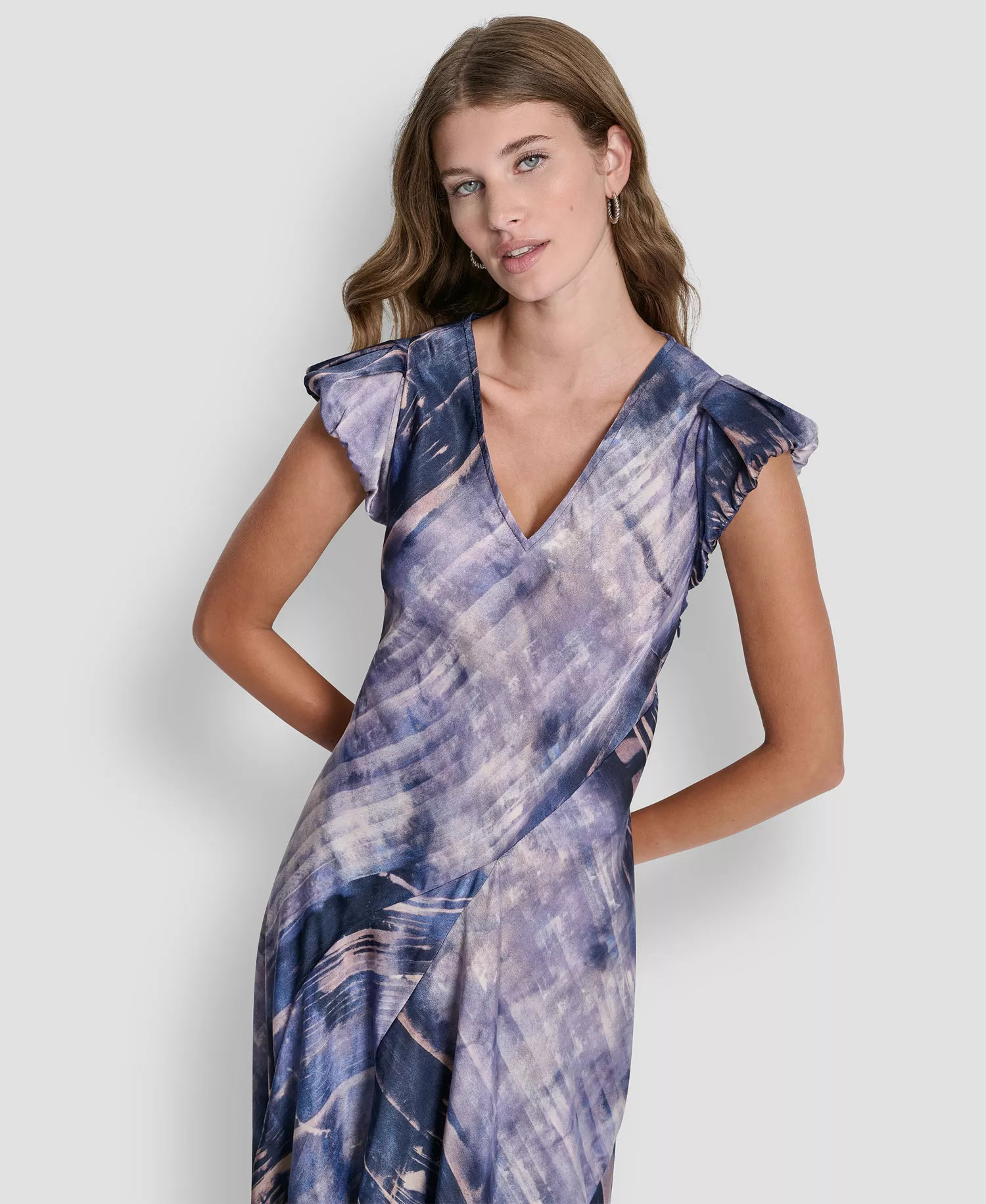 Women's Puff-Sleeve Printed Satin Bias Cut Dress - Hudson Lights - L