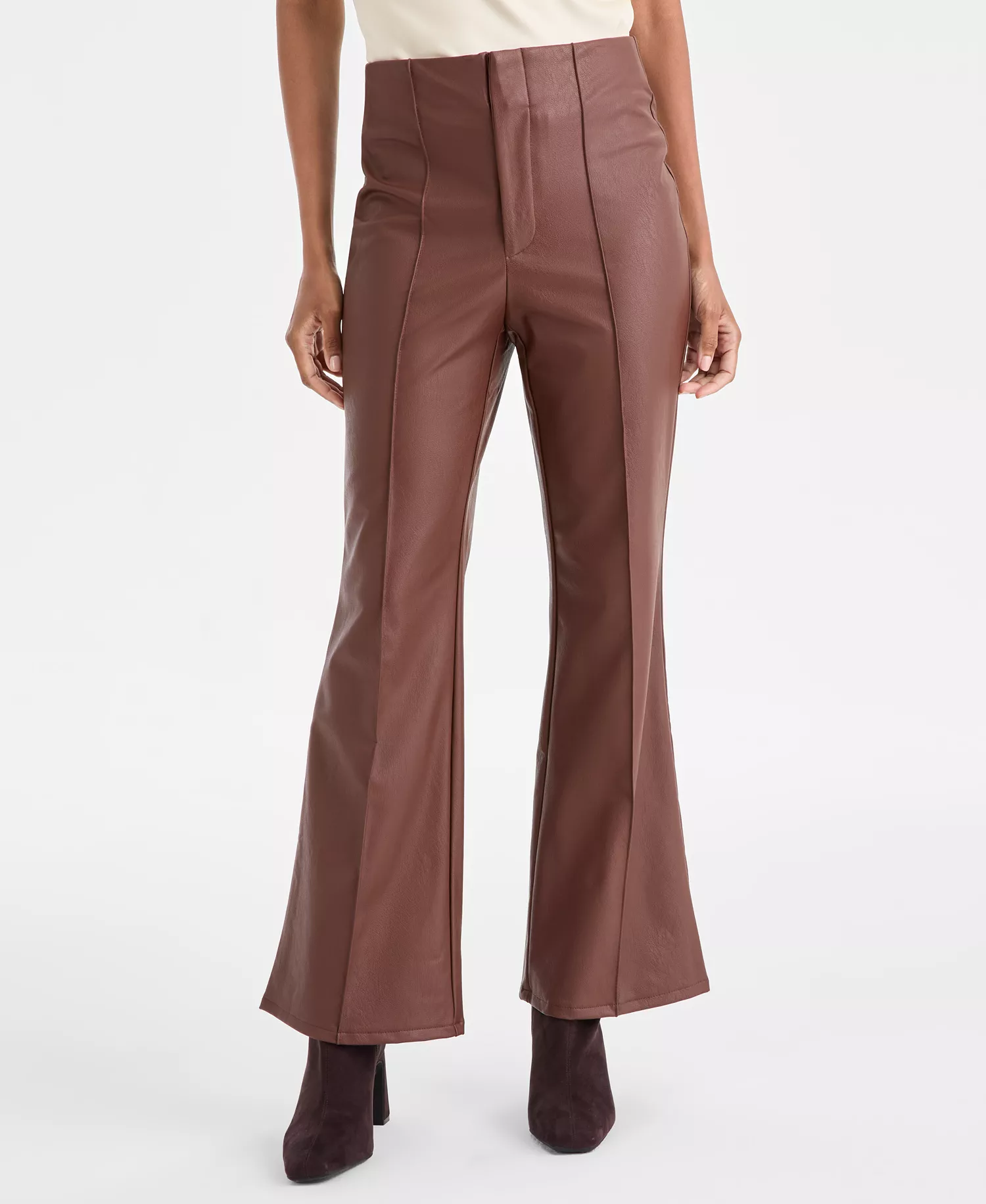 Petite Faux-Leather Flared Pants, Macy's Exclusive  - Moroccan Brown - 14P
