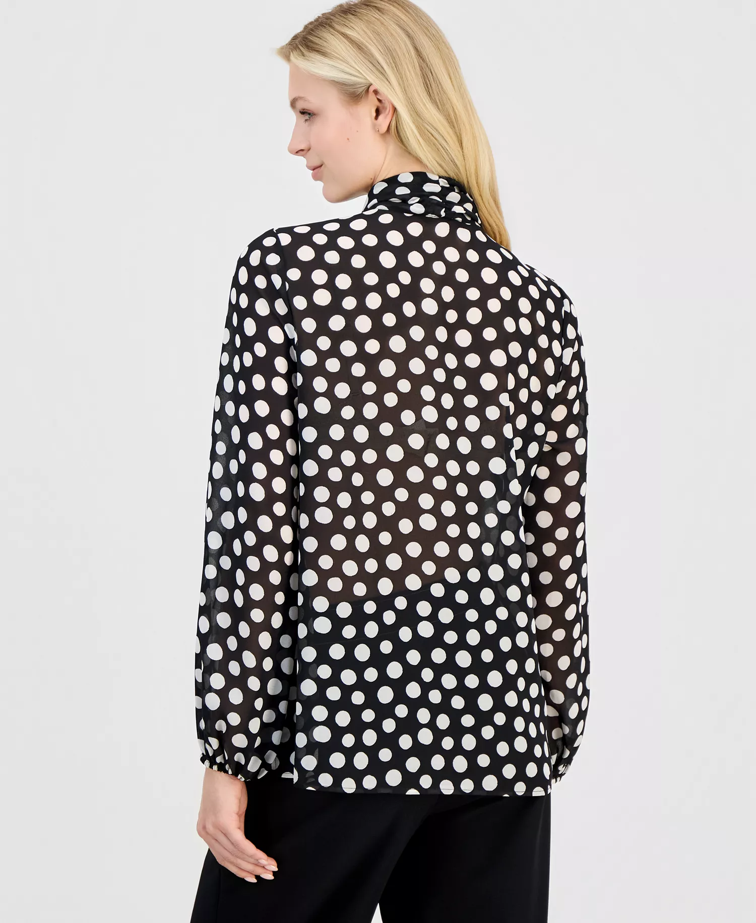 Women's Printed Long-Sleeve Bow Blouse - Black White - L