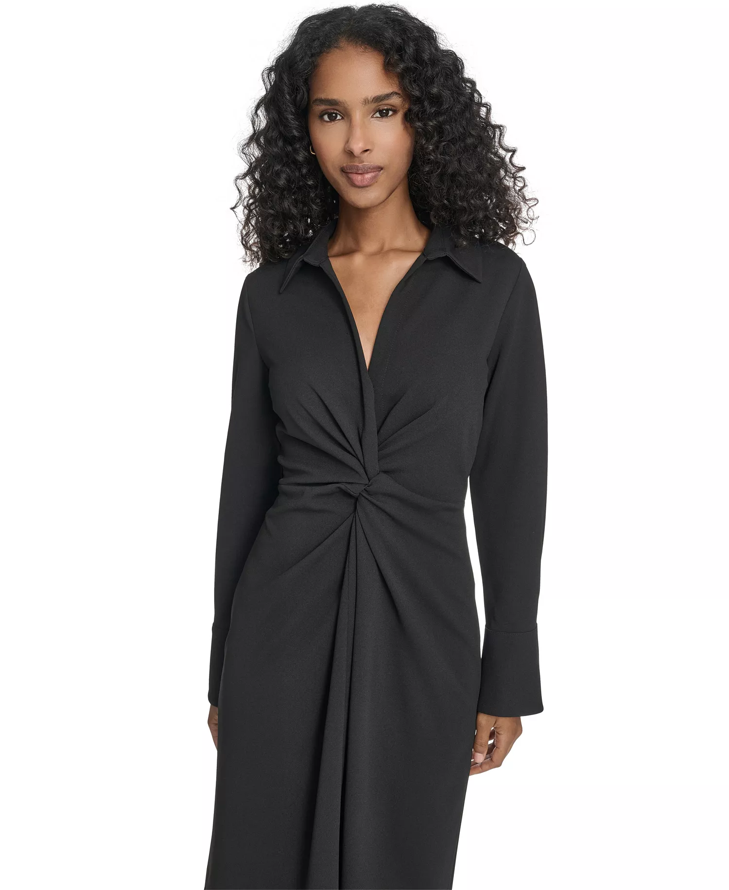 Women's Petite Collar Long-Sleeve Midi Shirtdress - Black - 0P