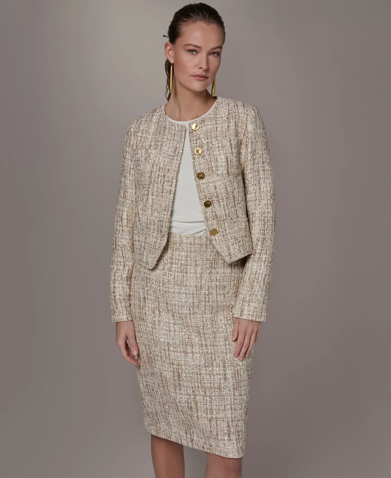 Petite Button-Front Cropped Jacket - Dark Cream Multi - 0P