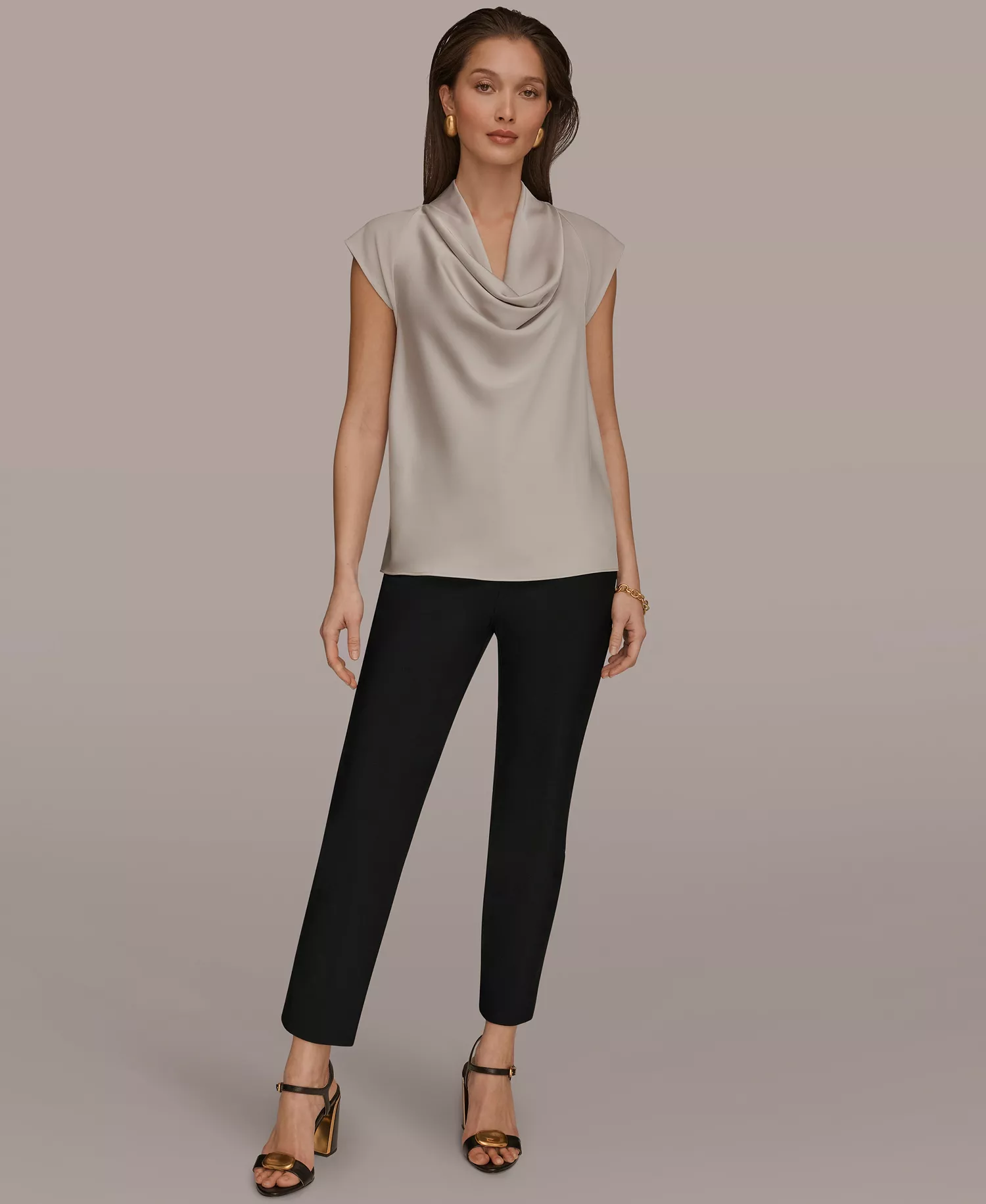 Women's Mixed Media Cowl Neck Top - Tuscan Grey - L