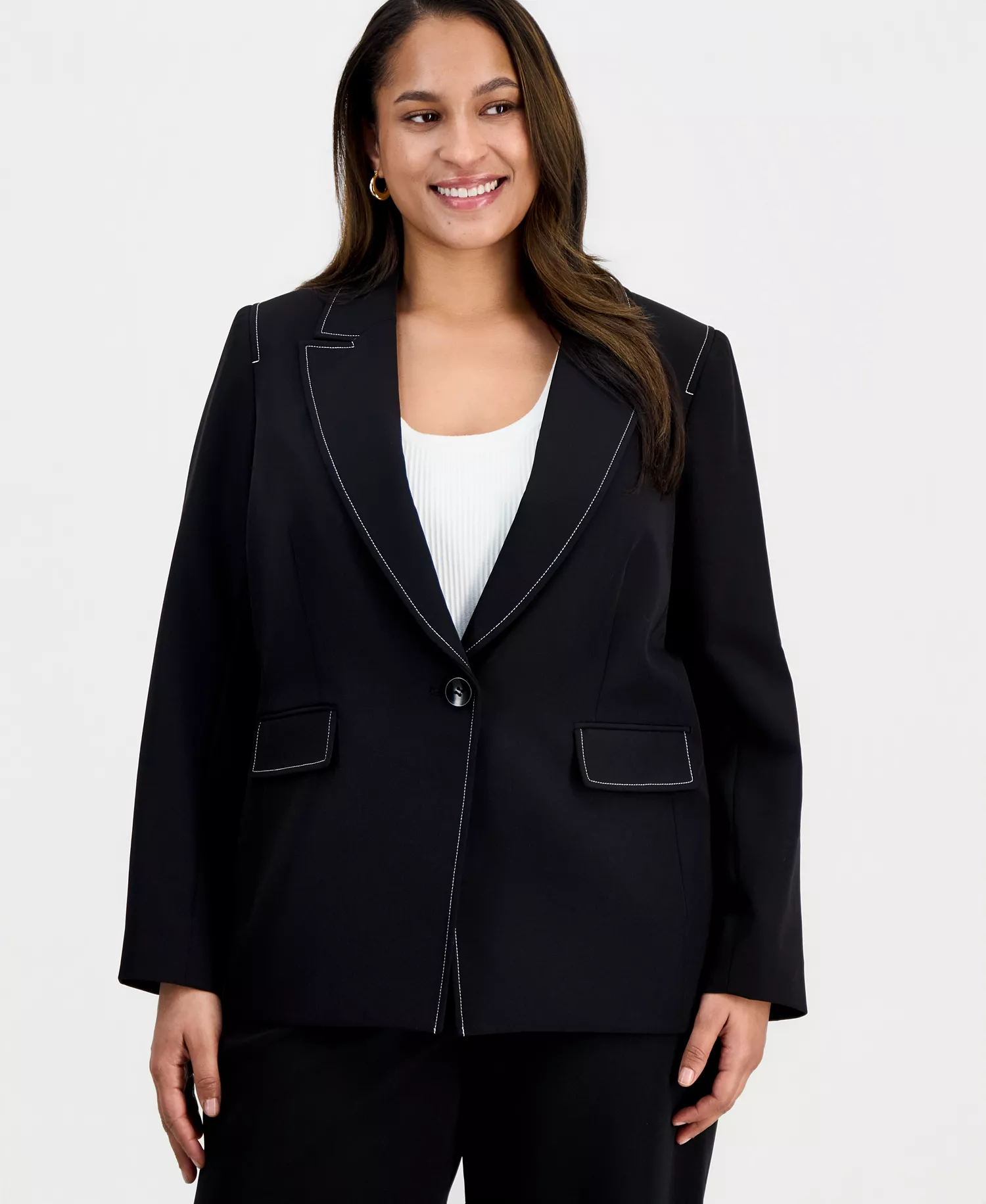 Plus Size Peak-Lapel Single-Button-Front Long-Sleeve Jacket  - Black White - 14W