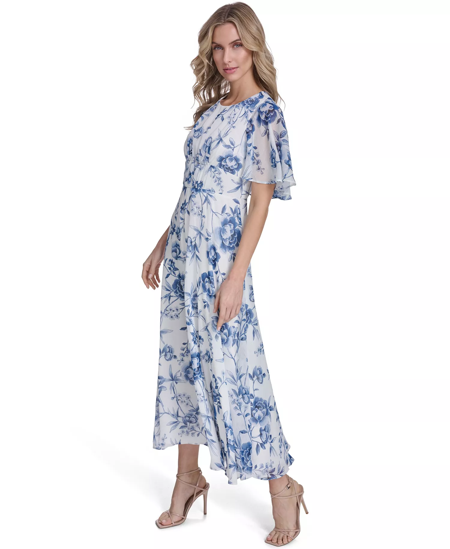 Women's Cape-Sleeve Smocked Printed Dress - Cream Multi - 10