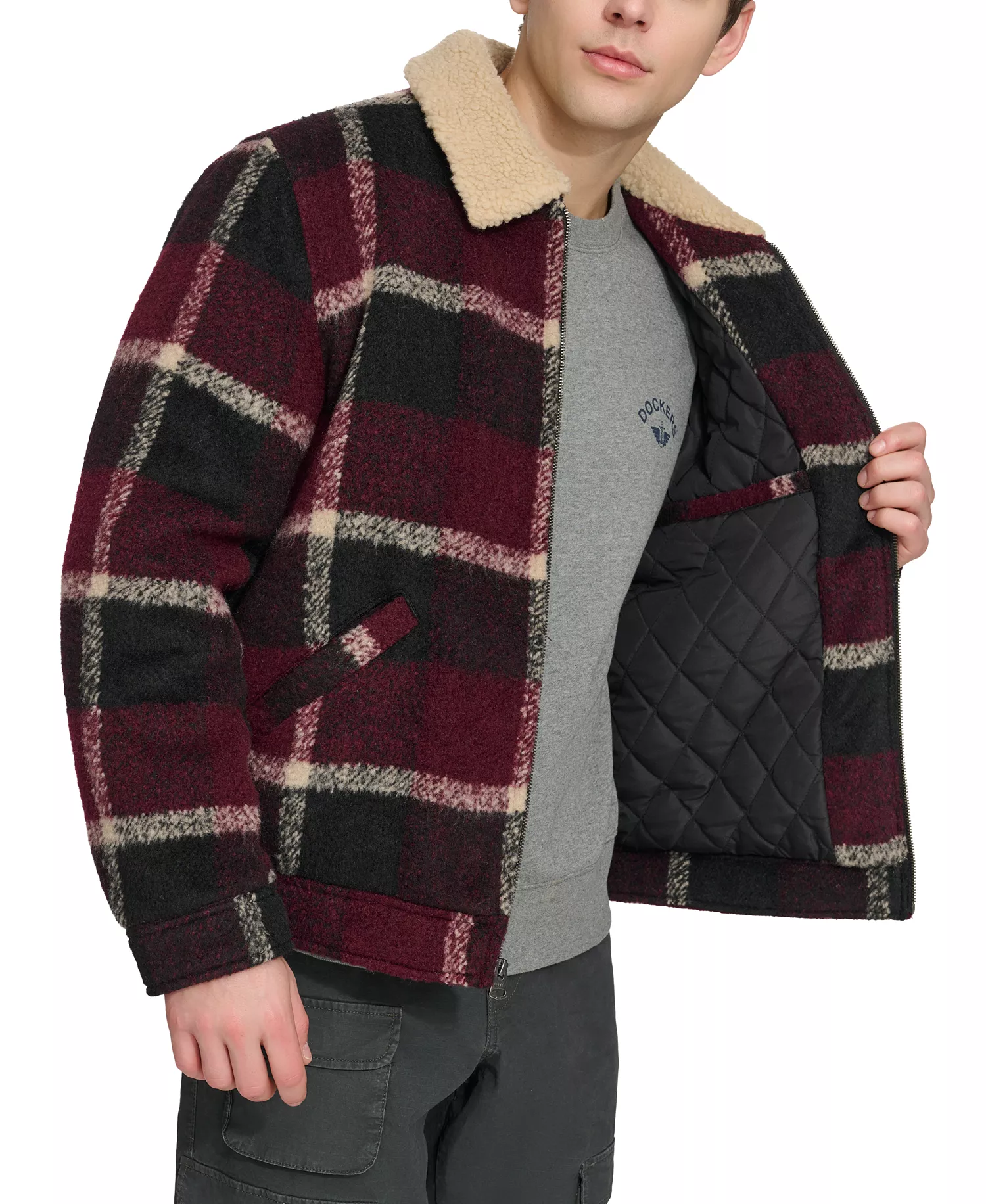 Men's Plaid Full-Zip Depot Jacket with Fleece Collar - Black Putty - L