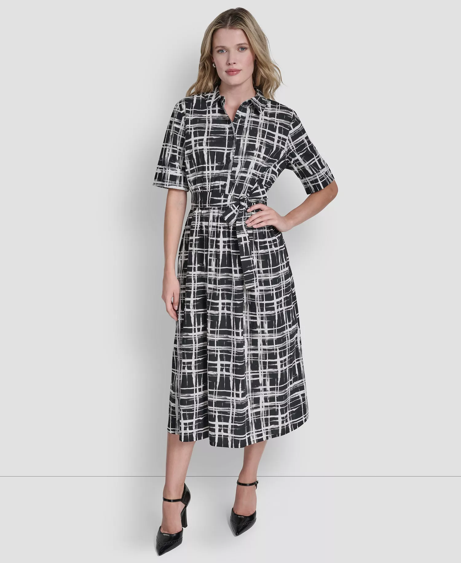 Women's 3/4-Sleeve Collared Neck Cotton Midi Shirt Dress - Black/Ivory - 10