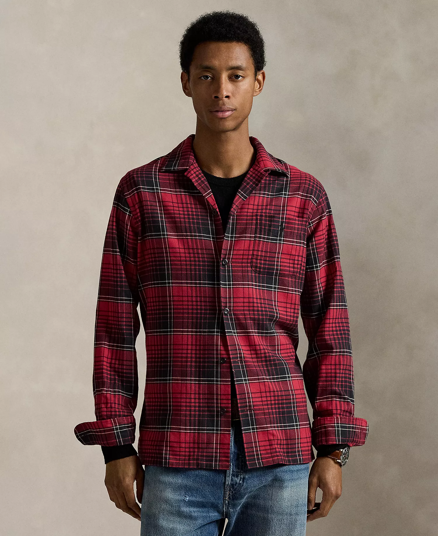 Men's Brushed Performance Long Sleeve Shirt - Red Black Multi - 2XL