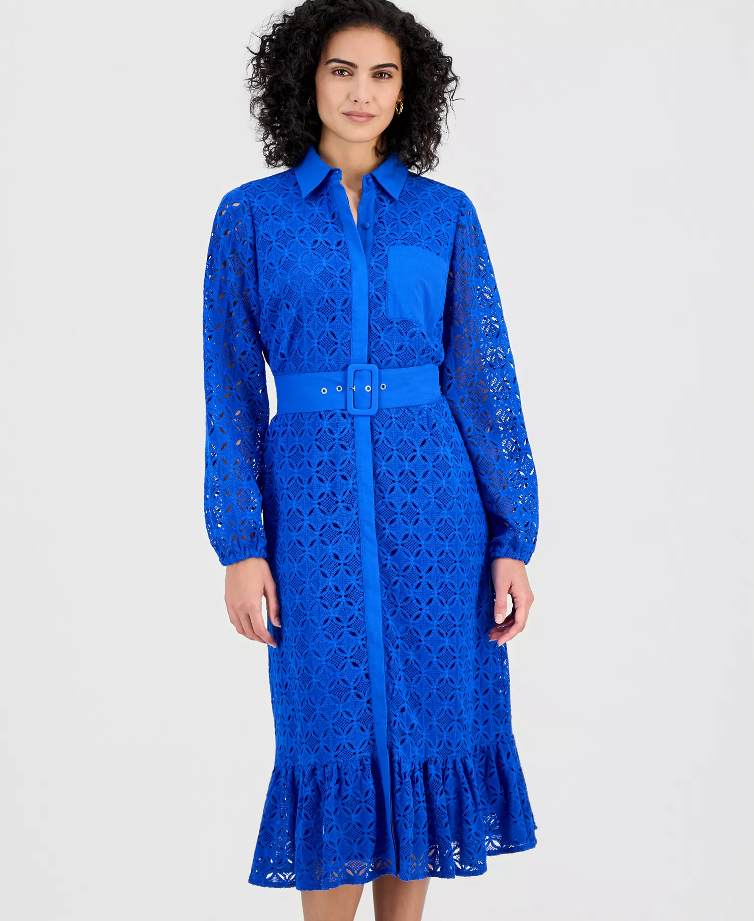 Women's Cotton Belted Lace Midi Dress - Blue Combo - 10