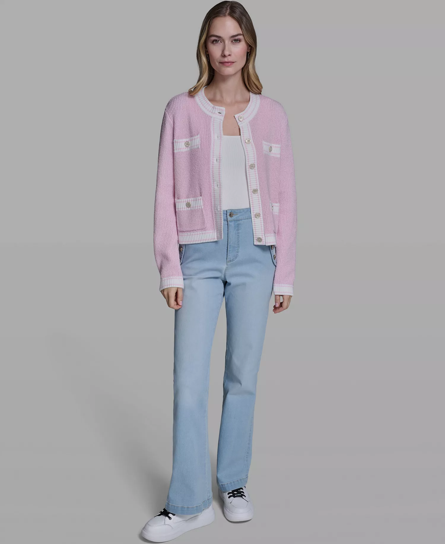 Women's Marled Crew Neck Cardigan Sweater - Ballet Slipper - L