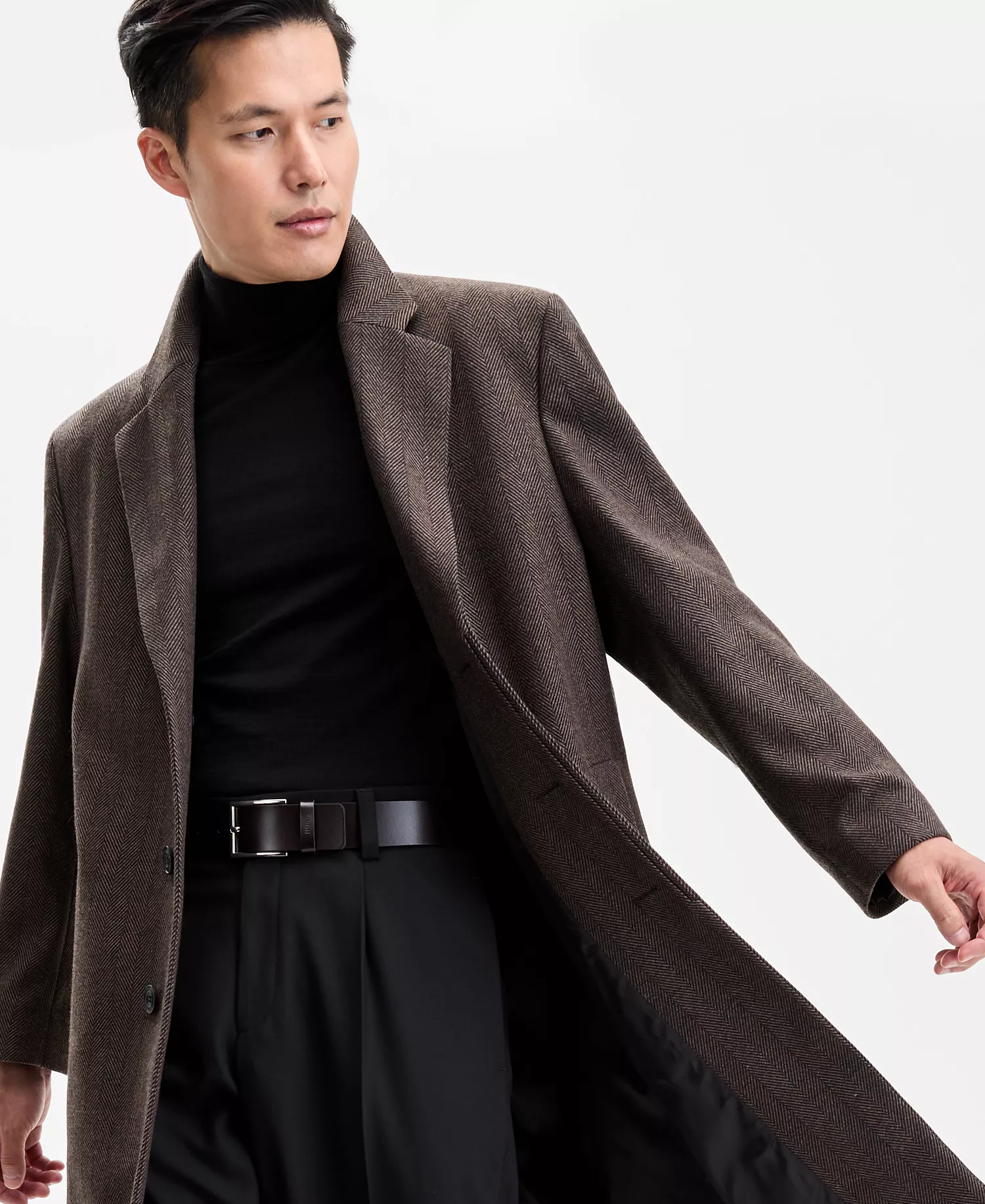 Men's Modern-Fit Herringbone Overcoat - Brown - 2XL