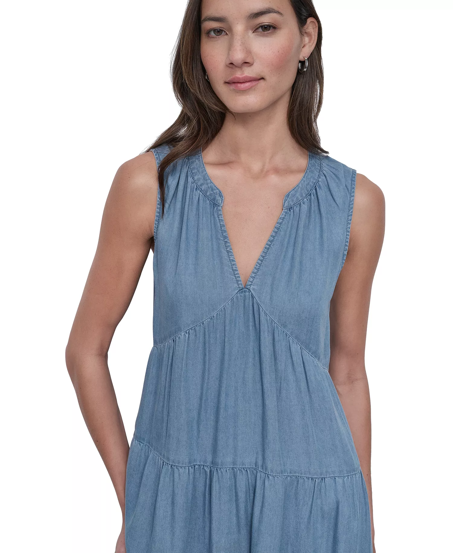 Women's Sleeveless Tiered Midi Dress - FJZ - CHAMBRAY - L