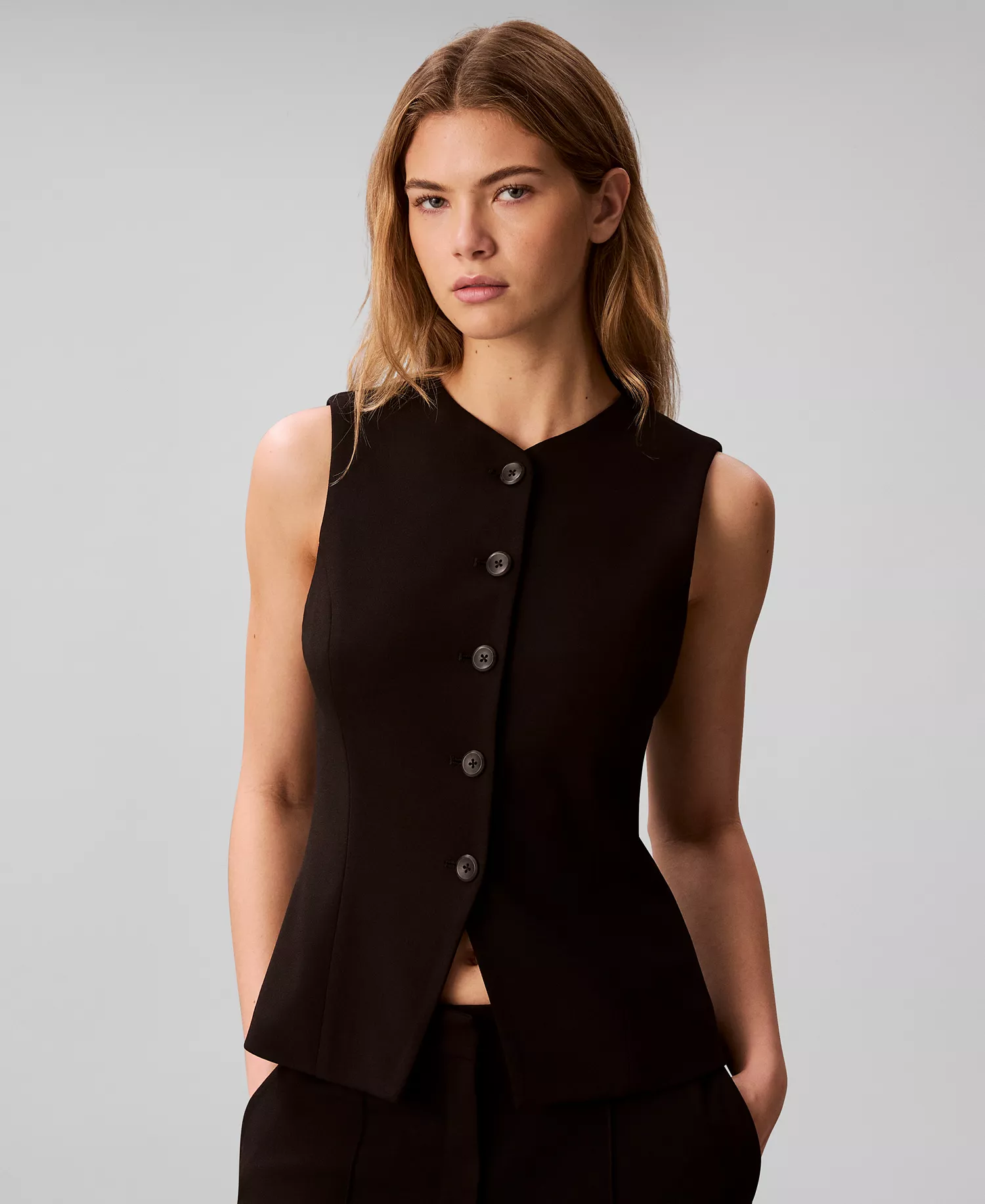 Women's V-Neck Front Button Vest - Black - 10