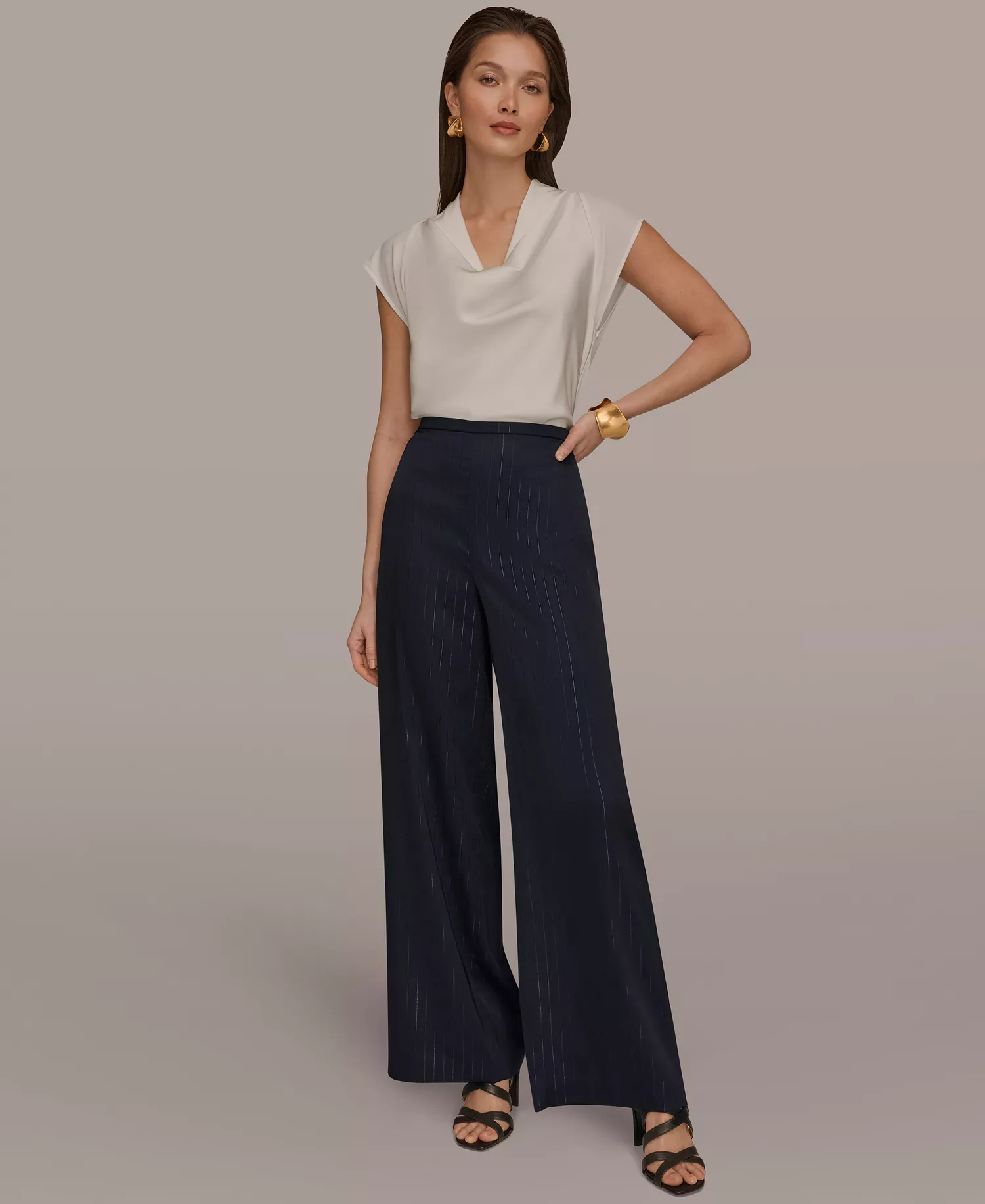 Women's Pinstripe Wide Leg Pull-On Pants - Navy/Silver Pinstrip - L