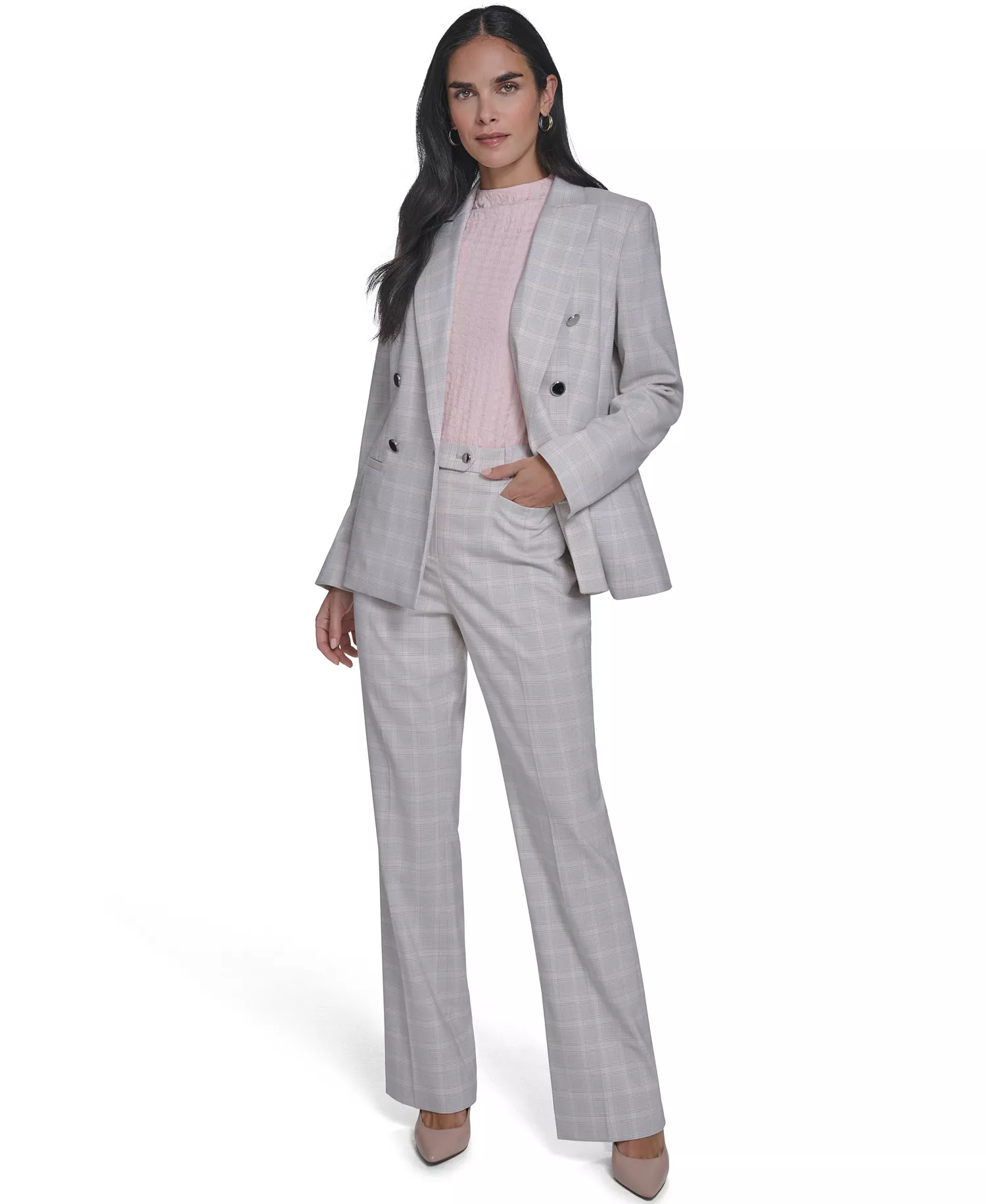 Women's Windowpane Double-Breasted Jacket, Textured Mock Neck Cap Sleeve Top, and Windowpane Modern Fit Pants - Gray - 10