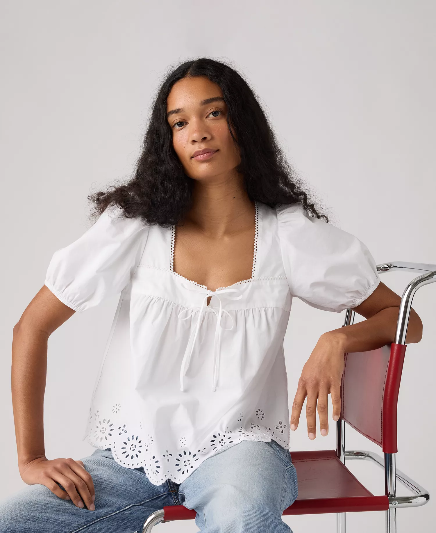 Women's Short-Sleeve Cutwork Blouse - Bright White - L
