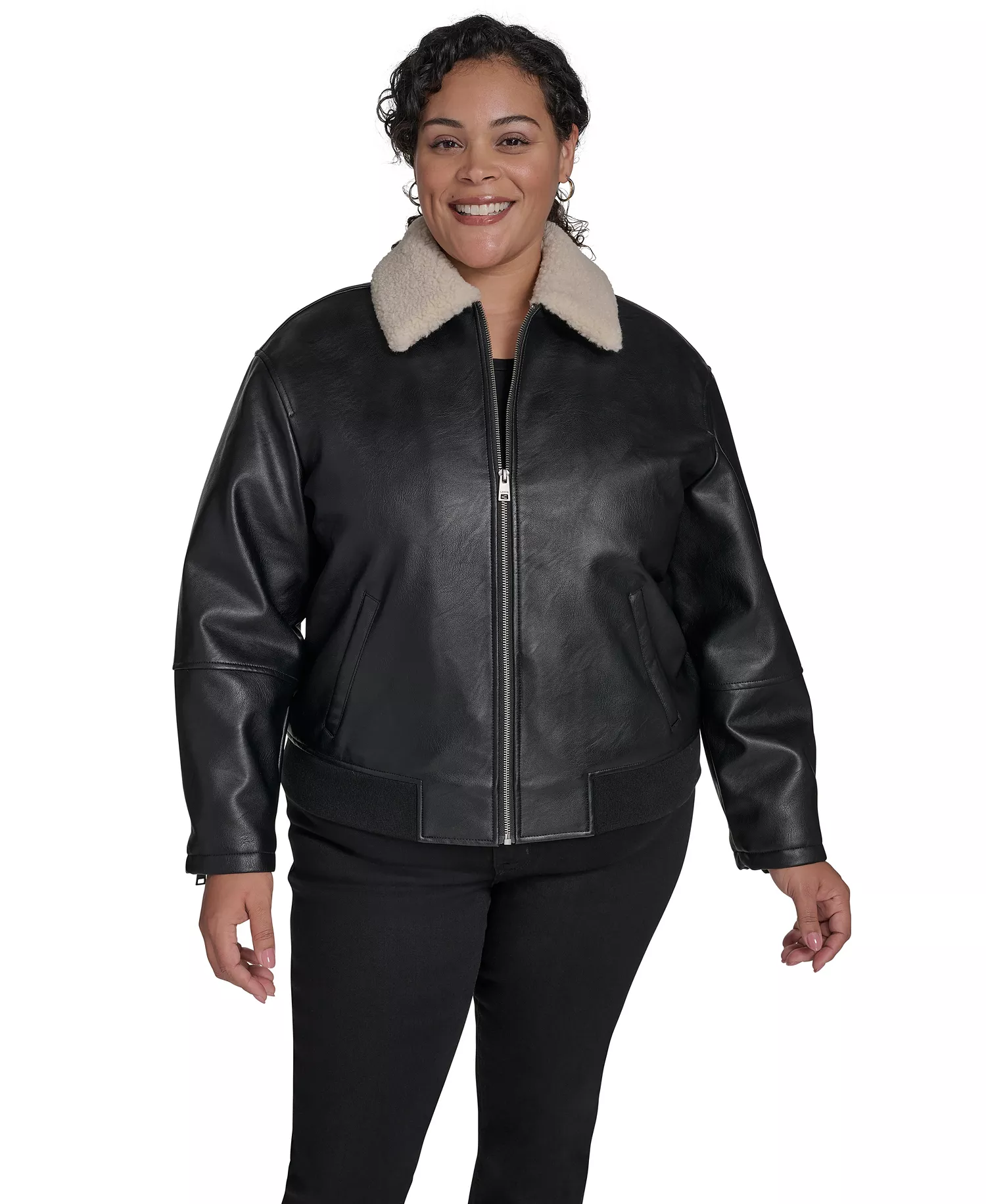 Plus Size Long Sleeves Bomber Jacket - Black - 1X