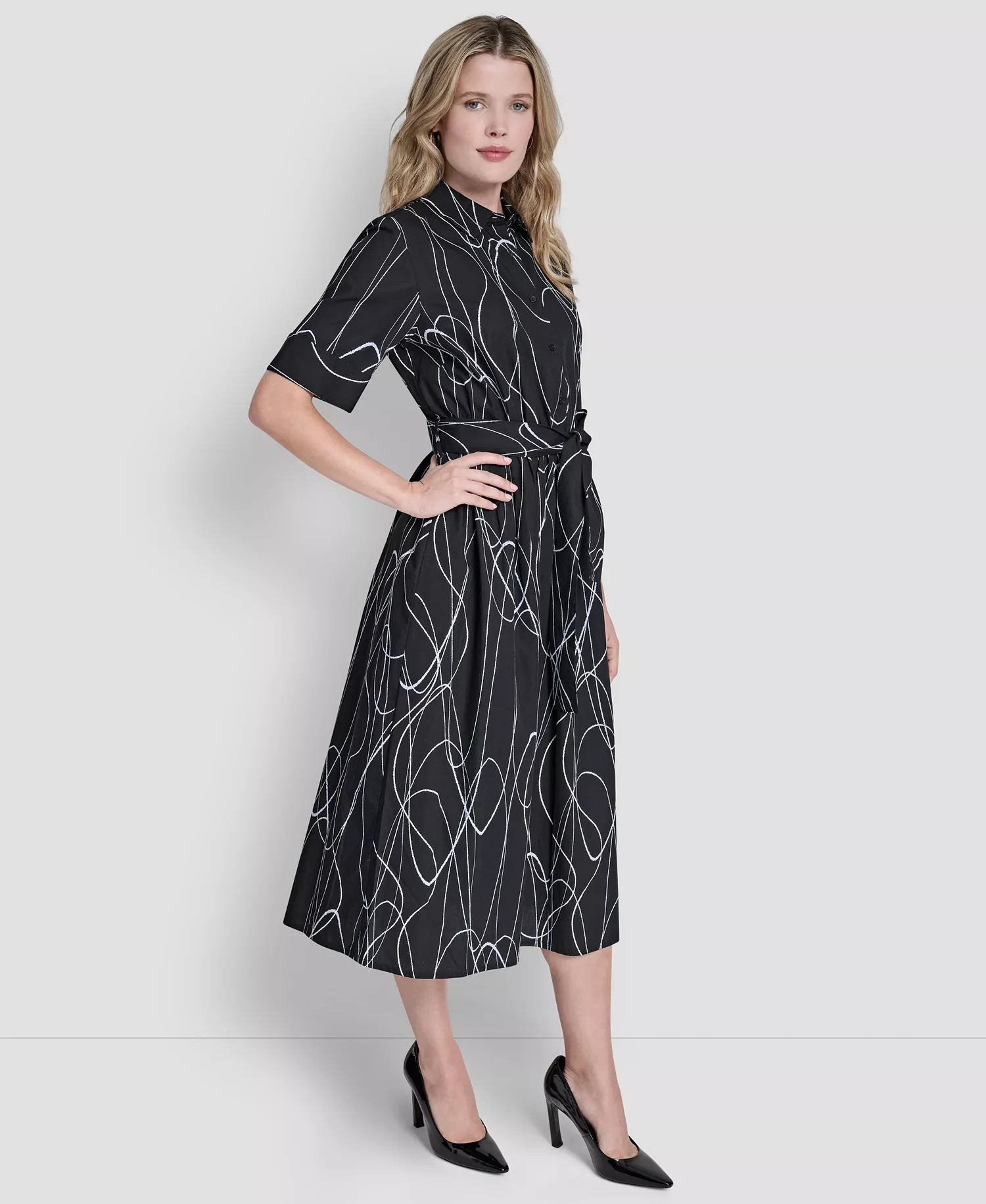 Women's Collared Midi Shirt Dress - Black Multi - 10