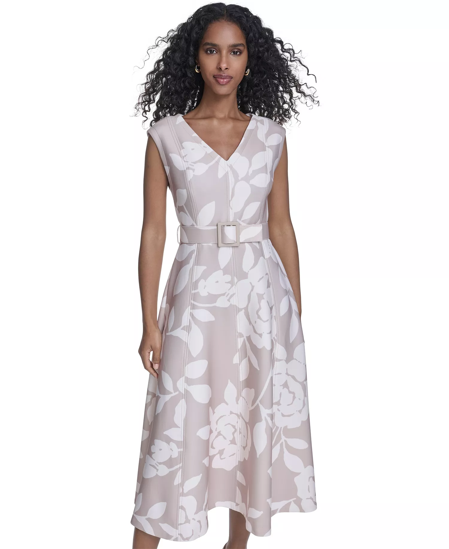 Women's Scuba Belted V-Neck Midi Dress - Cashew/Cream - 10