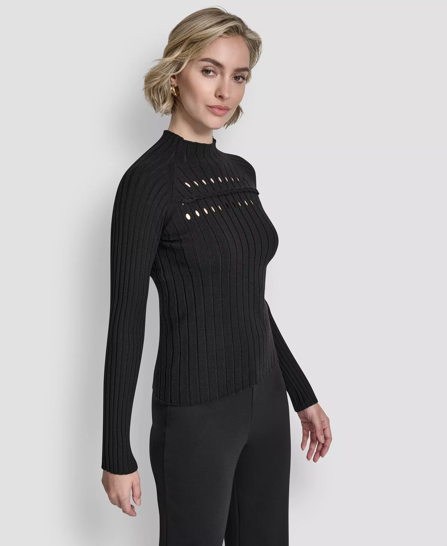 Women's Long-Sleeve Cord Detail Rib Sweater - Black - L