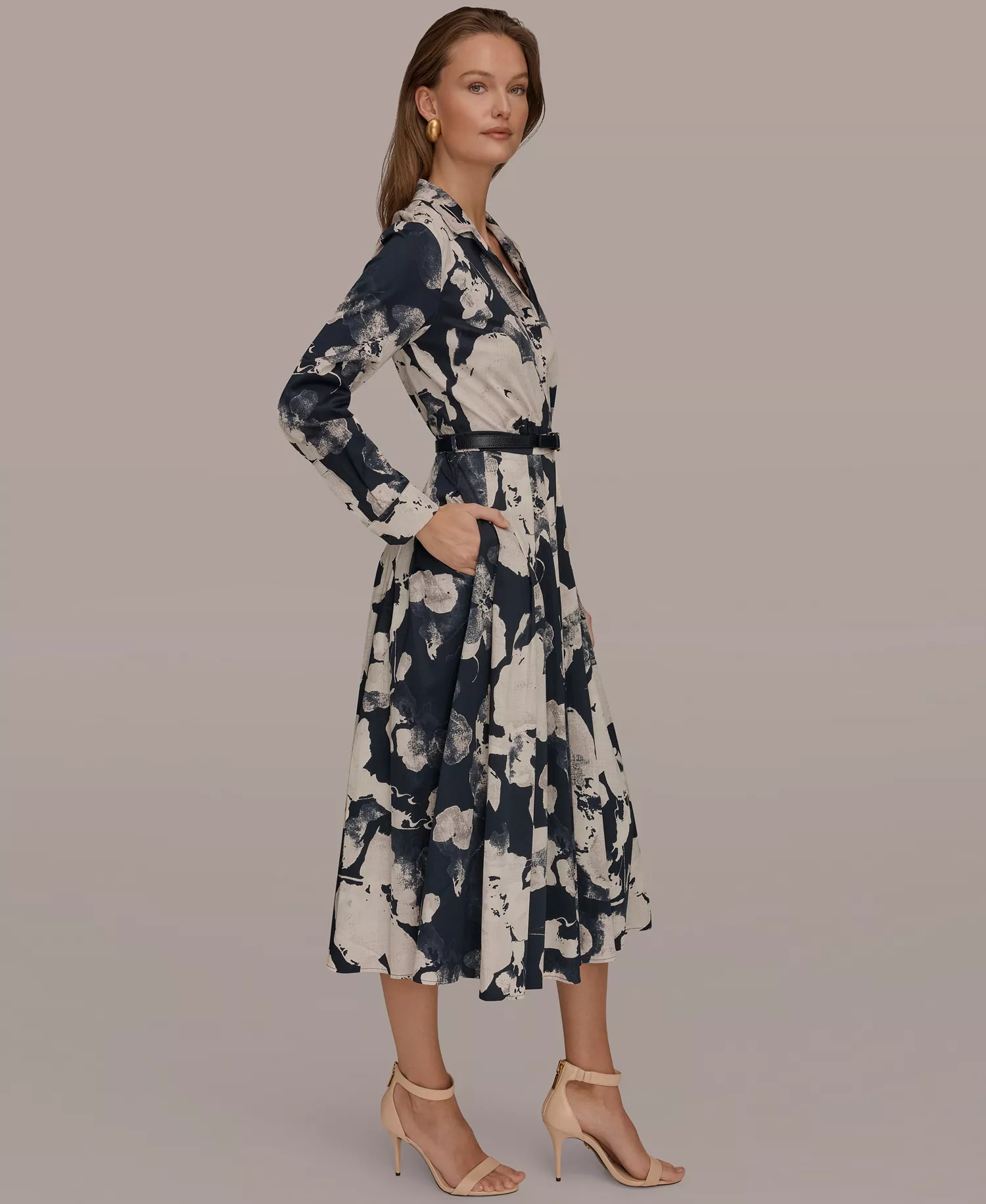 Women's Long-Sleeves Collared Midi Dress - Nightfall Multi - 10