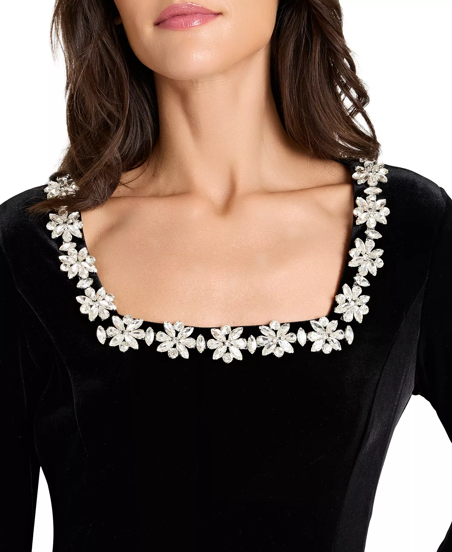 Women's Rhinestone Square Neck Long Sleeve Velvet Gown - Black - 14