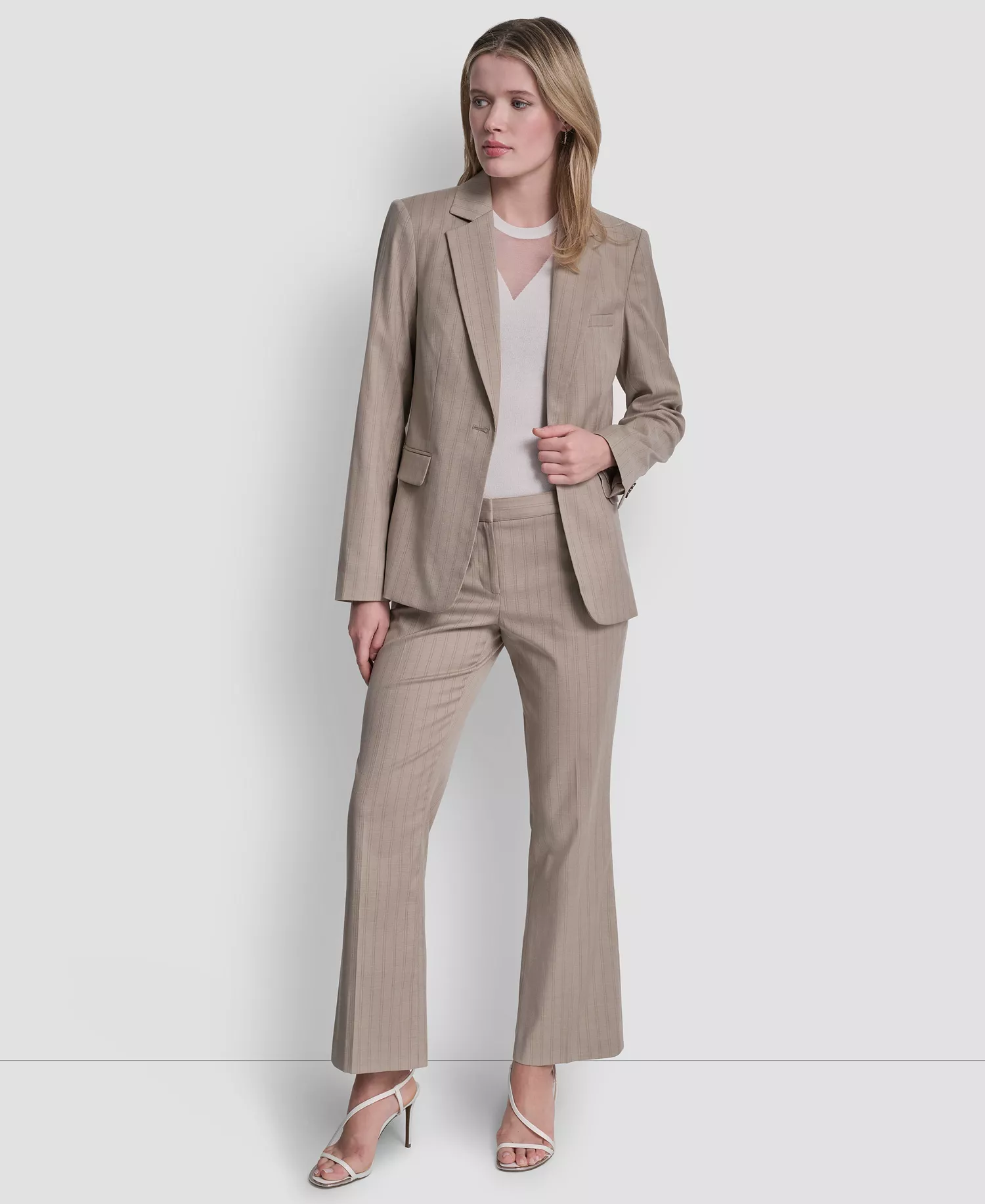 Women's Vertical Pinstripe Blazer Jacket - Pebble/Taupe Stripe - 0