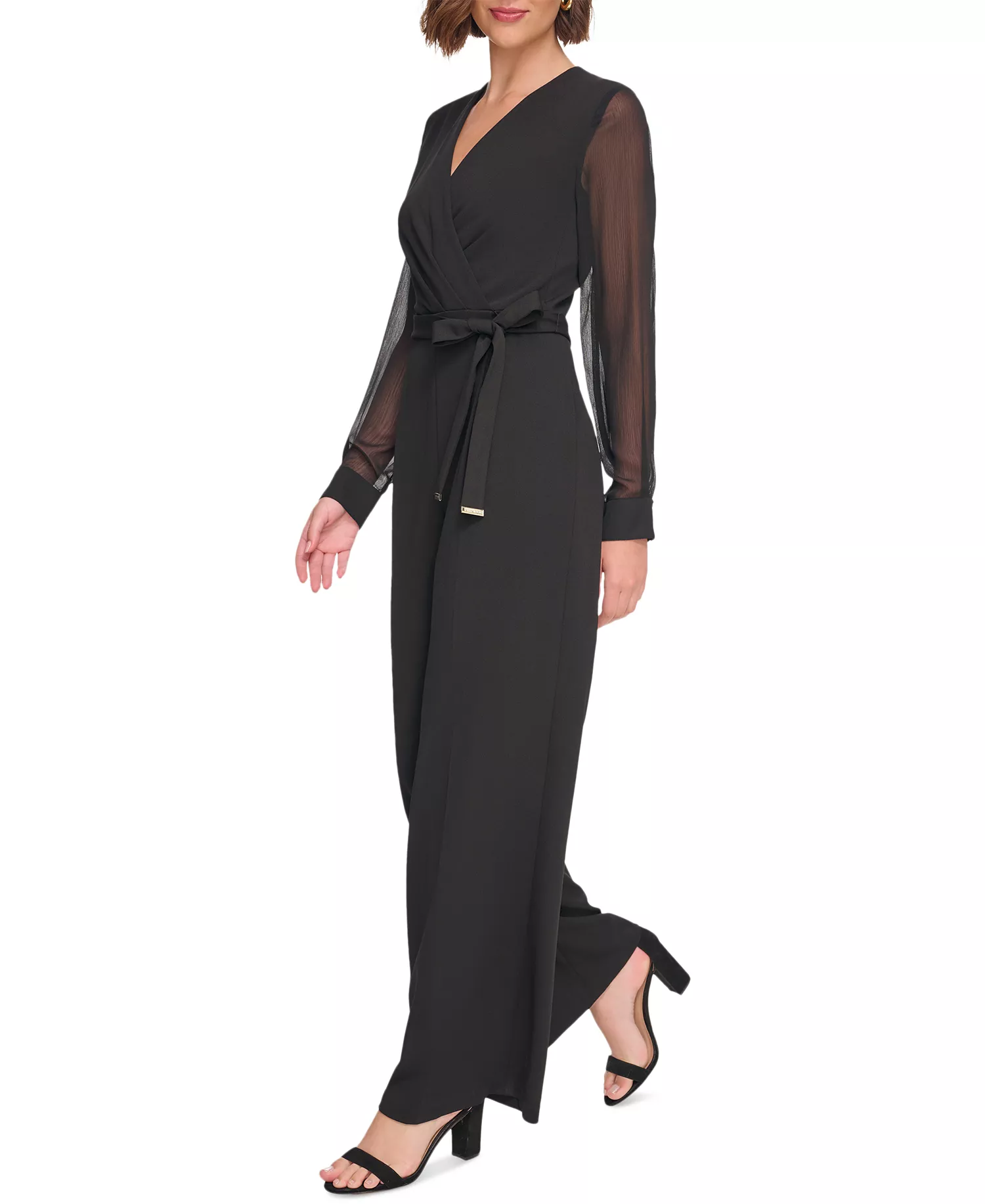 Women's Long-Chiffon-Sleeve Scuba Crepe Jumpsuit  - Black - 8