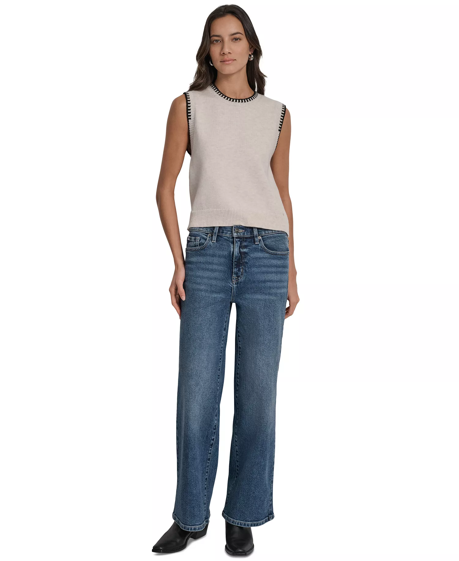 Women's Whipstitch Trim Crewneck Sleeveless Sweater - Cort Heather/Black - XS