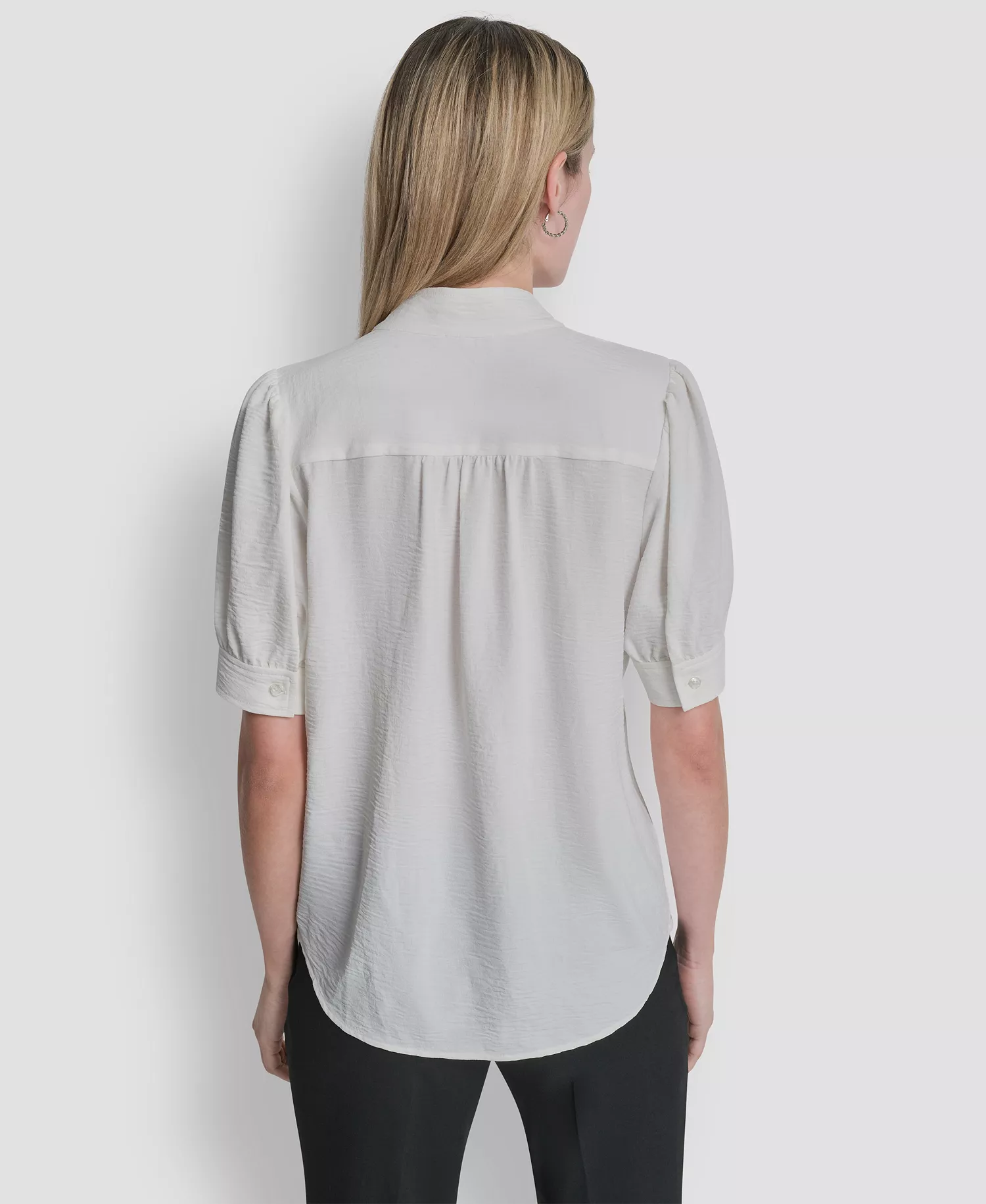 Women's Bell-sleeve Mandarin Collar Textured Blouse - Ivory - L