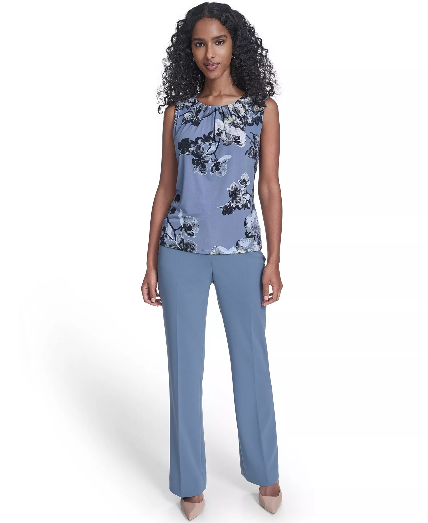 Women's Printed Sleeveless Pleated Top - Flint/Black Multi - L