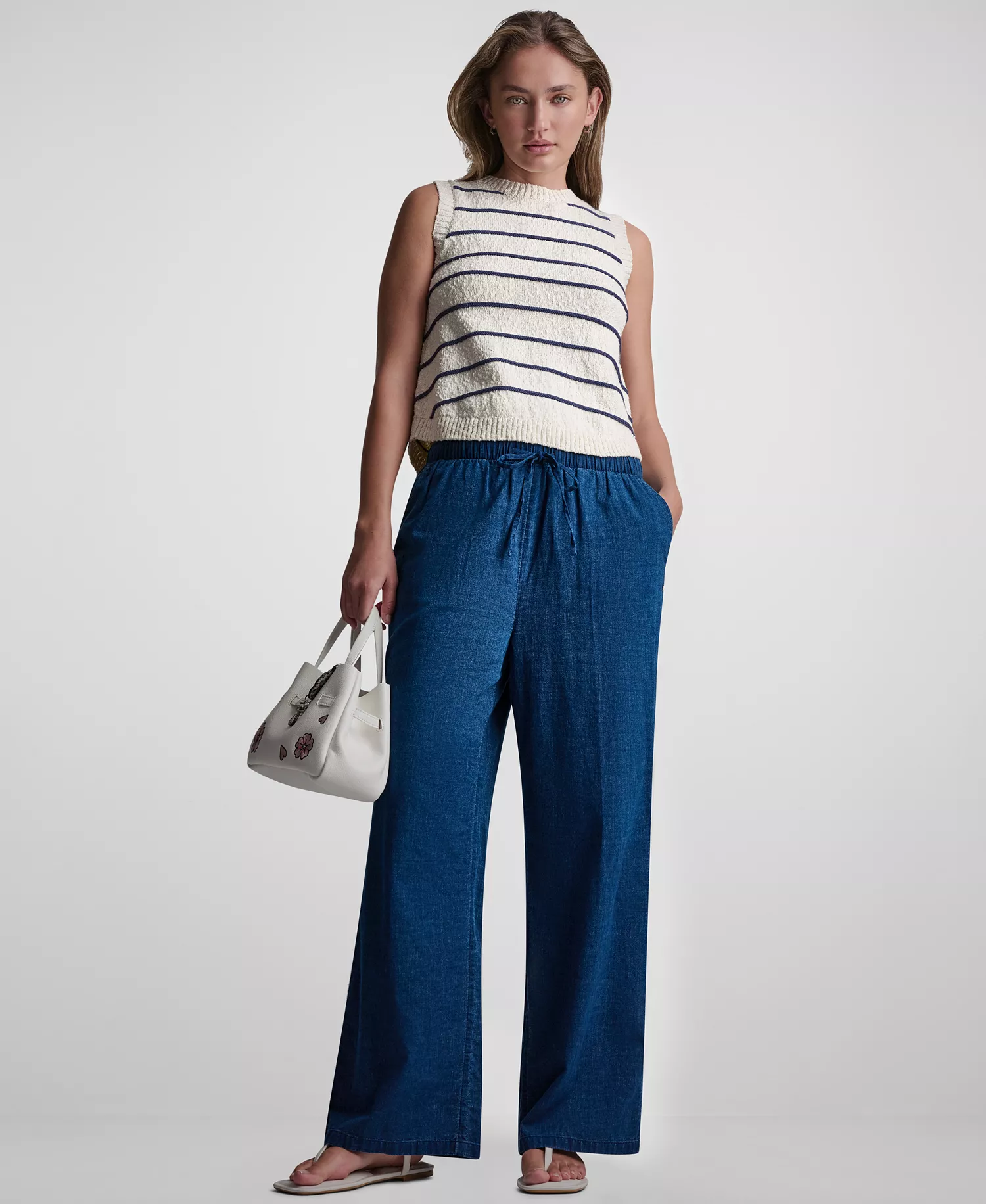 Petite Sleeveless Crewneck Striped Sweater - Eggnog/Indigo - PL