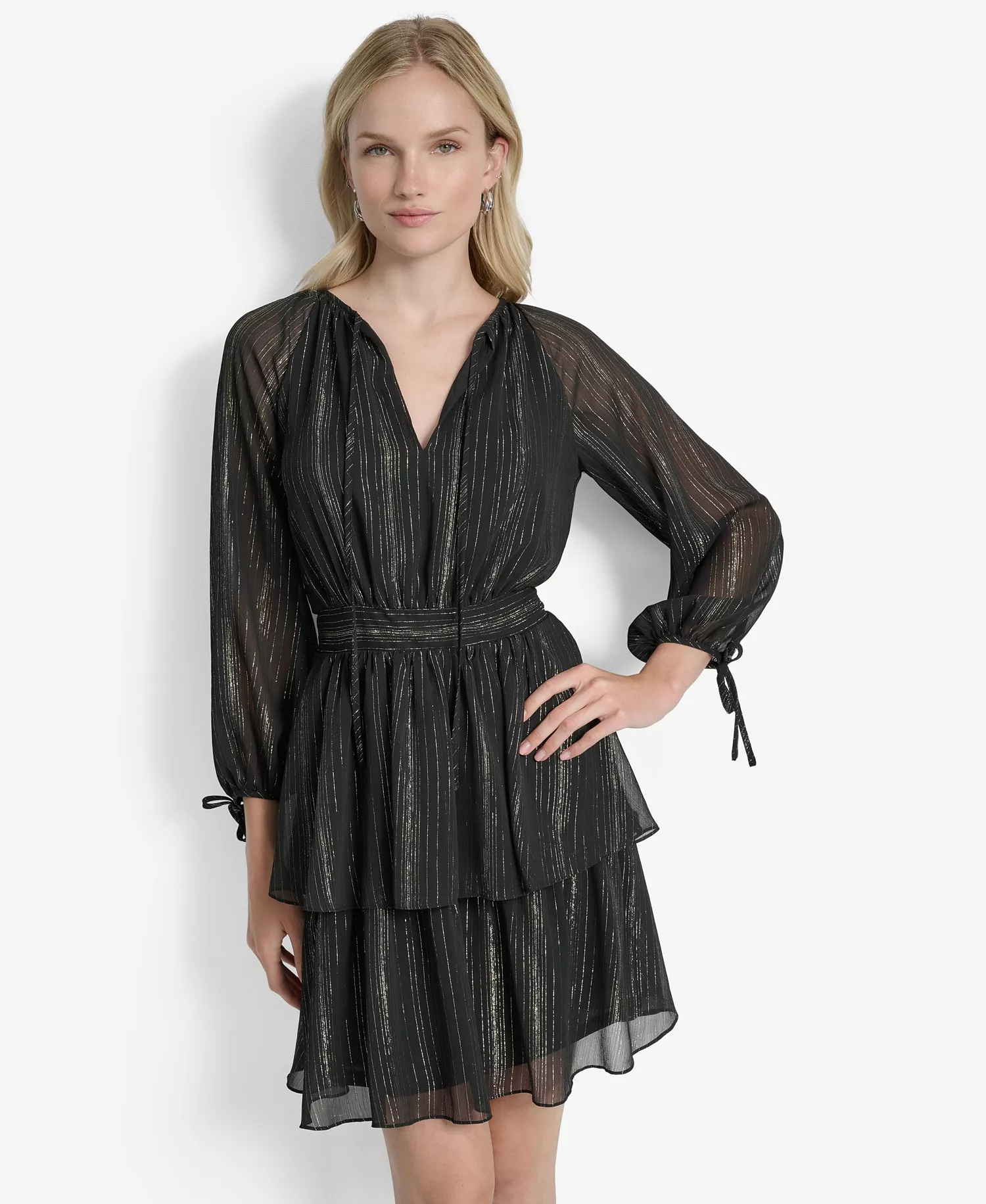 Women's Long Sleeve Metallic Dress - Black/Silver - 10