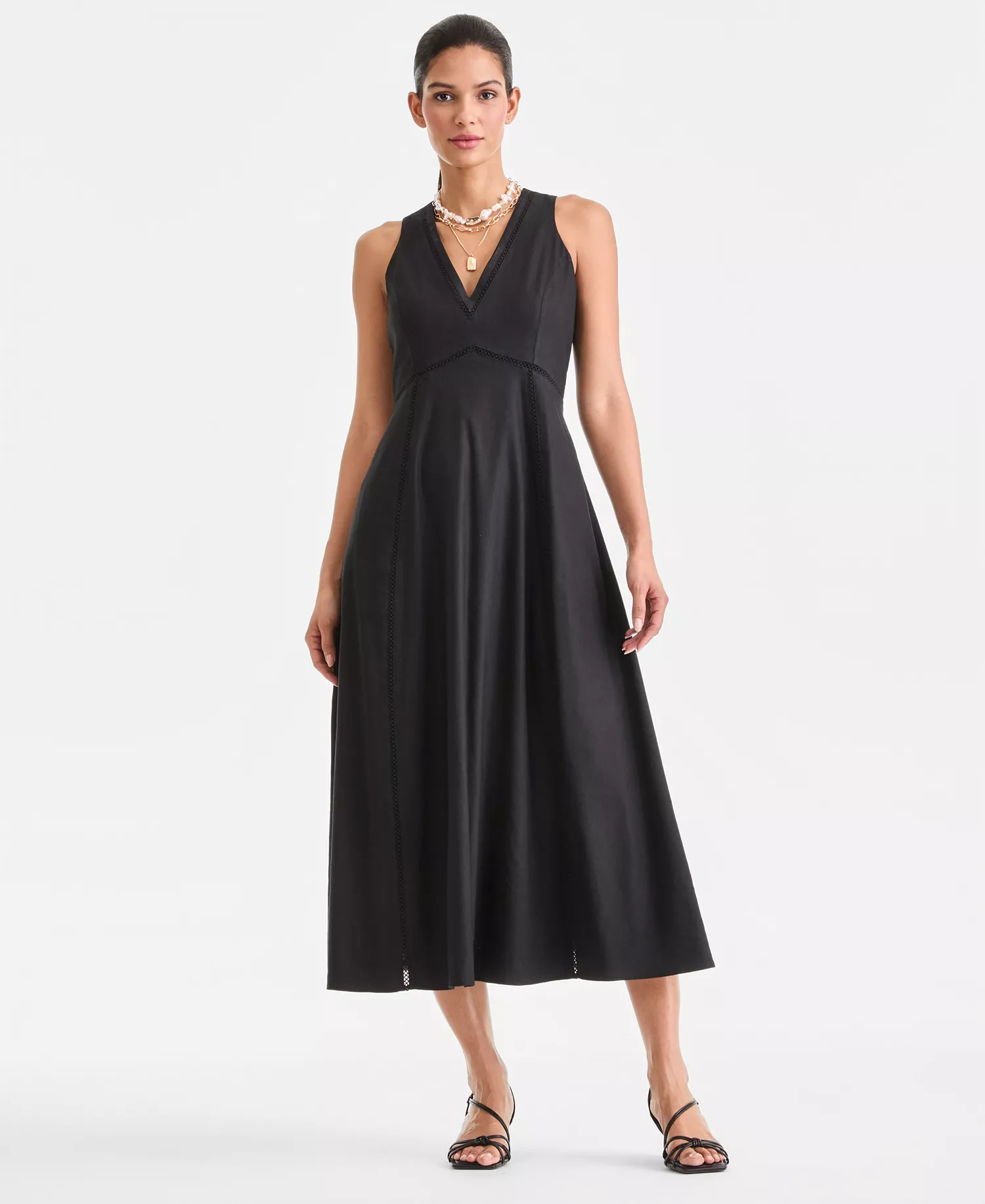 Women's Sleeveless V-Neck Linen-Blend Midi Dress, Macy's Exclusive - Deep Black - L